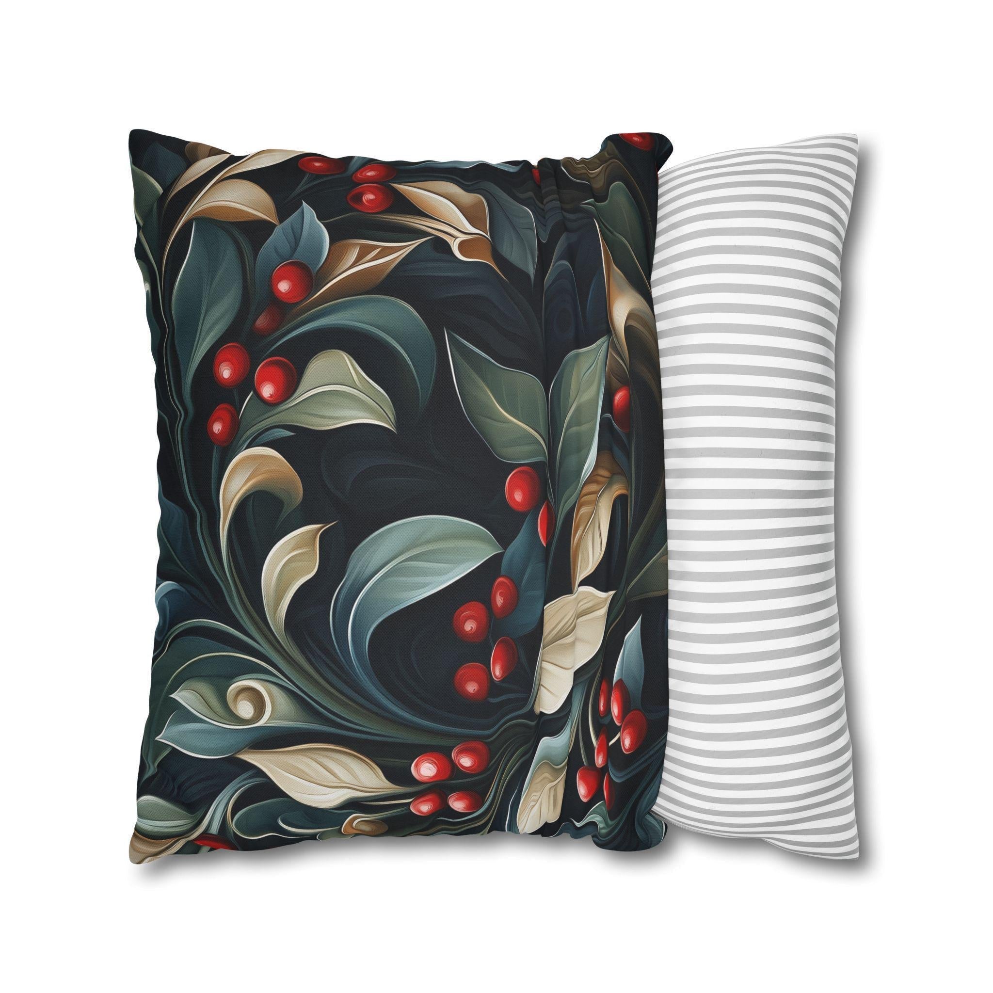 Christmas Botanical Square Pillowcase, Elegant Holly Leaves & Berries Design Cushion Cover