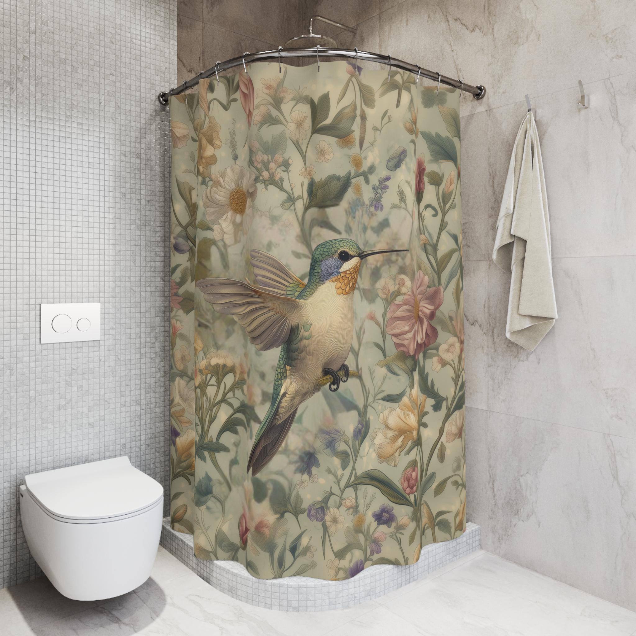 Vintage-Inspired Hummingbird Watercolor Shower Curtain: Soft Botanical Design for Cottagecore Bathrooms