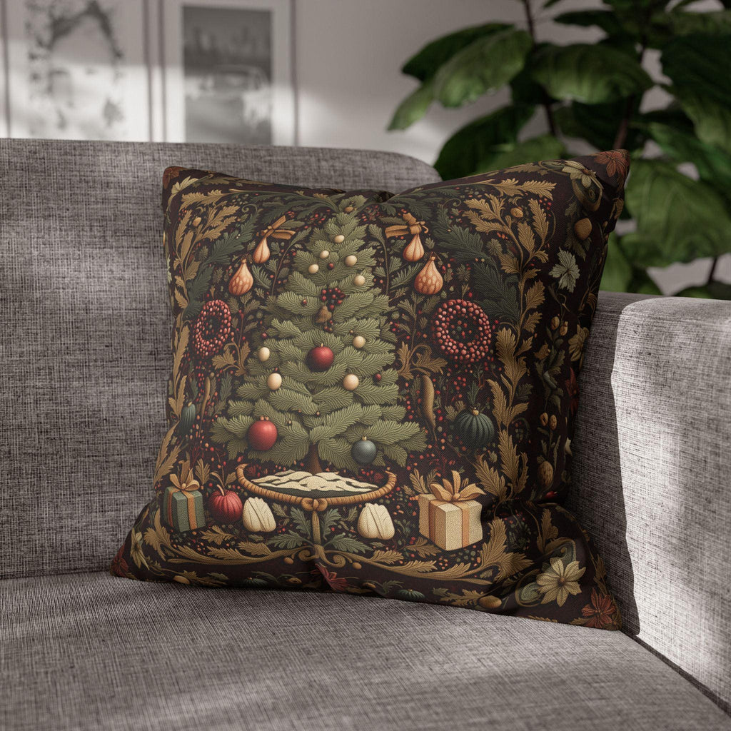 William Morris Christmas Tree Pillow Cover: Burgundy Holiday Tapestry Look