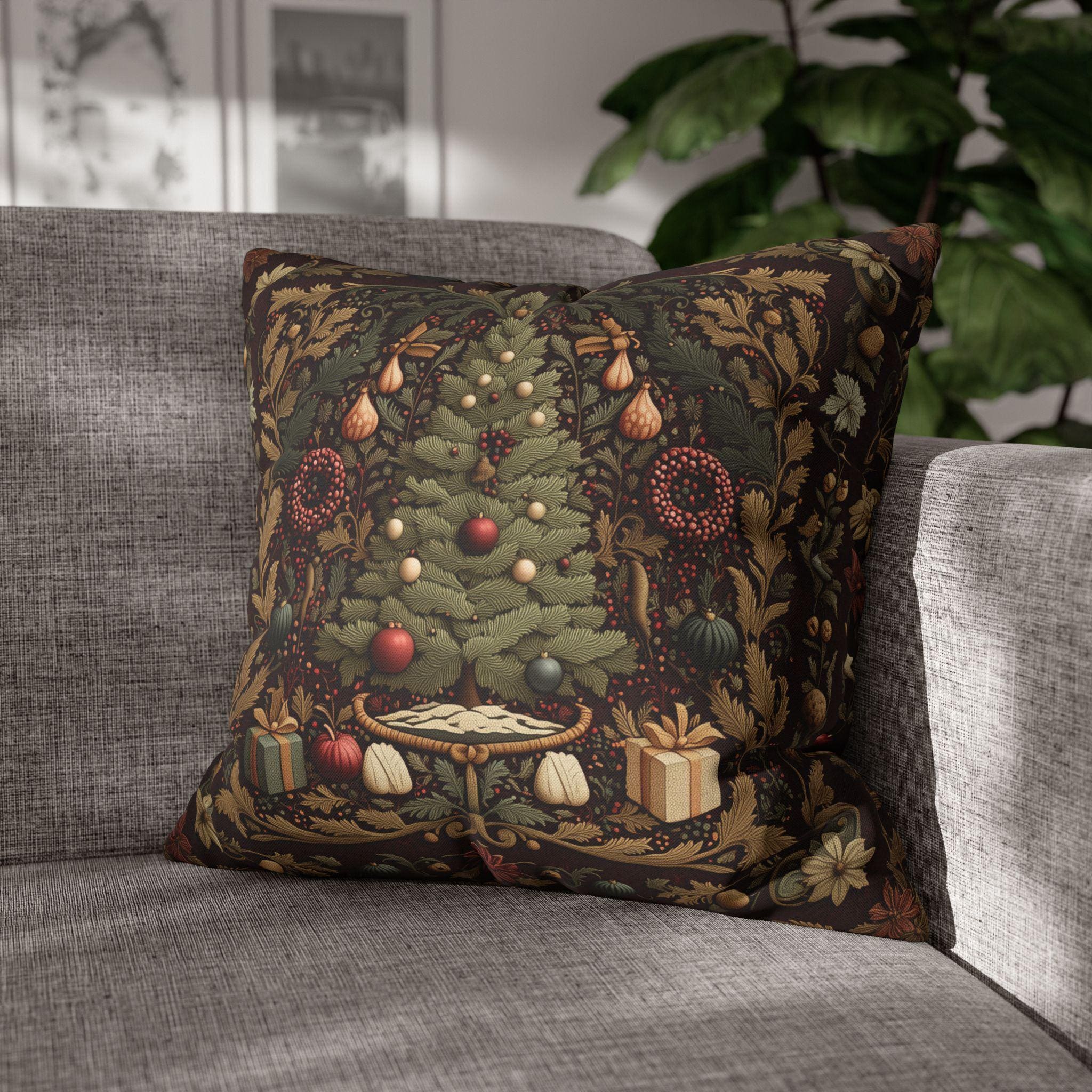 William Morris Christmas Tree Pillow Cover: Burgundy Holiday Tapestry Look