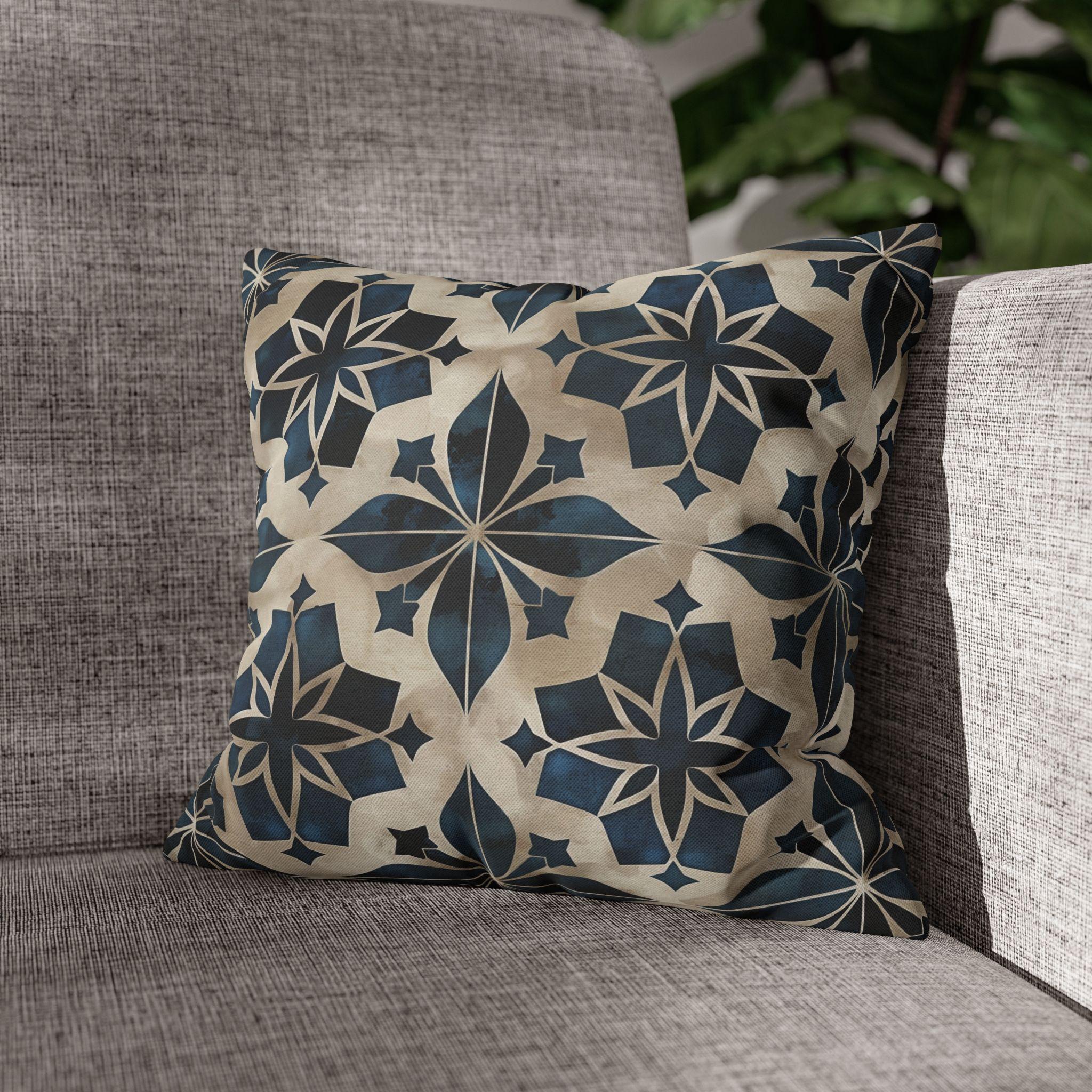 Moroccan Tile Pattern Square Pillowcase, Navy Blue Beige Geometric Design Decorative Cushion Cover