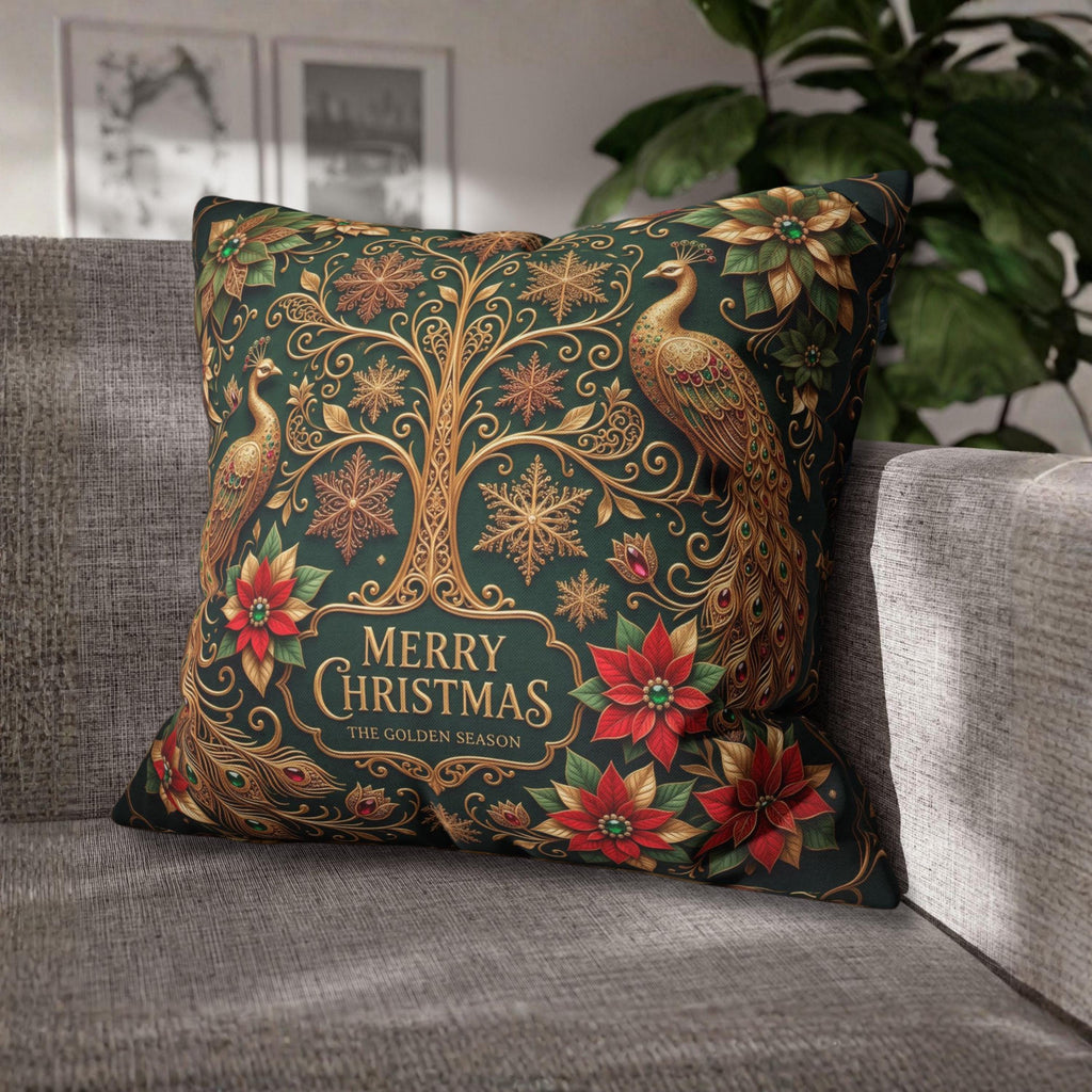 Emerald Green Peacock Christmas Pillow Cover: Gold Poinsettia, Maximalist Holiday