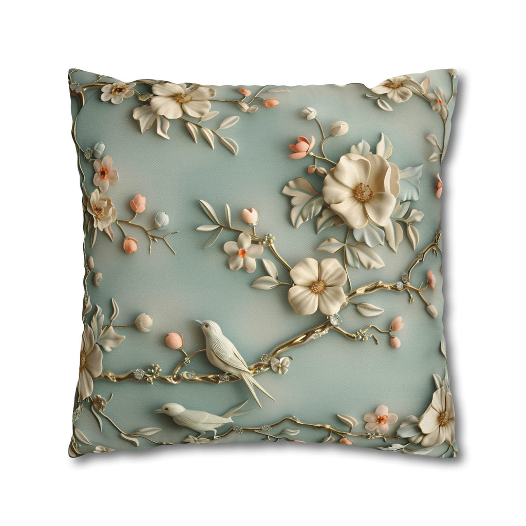 Chinoiserie Pillow Cover: 3D Birds & Blooms, Pastel Blue Accent
