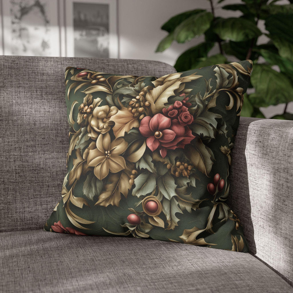William Morris Inspired Holly & Poinsettia Christmas Pillow Cover: Pine, Gold, Cranberry