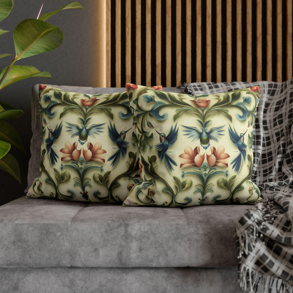 William Morris Inspired Hummingbird Floral Pillow Cover: Vintage Nature Tapestry Cushion Design