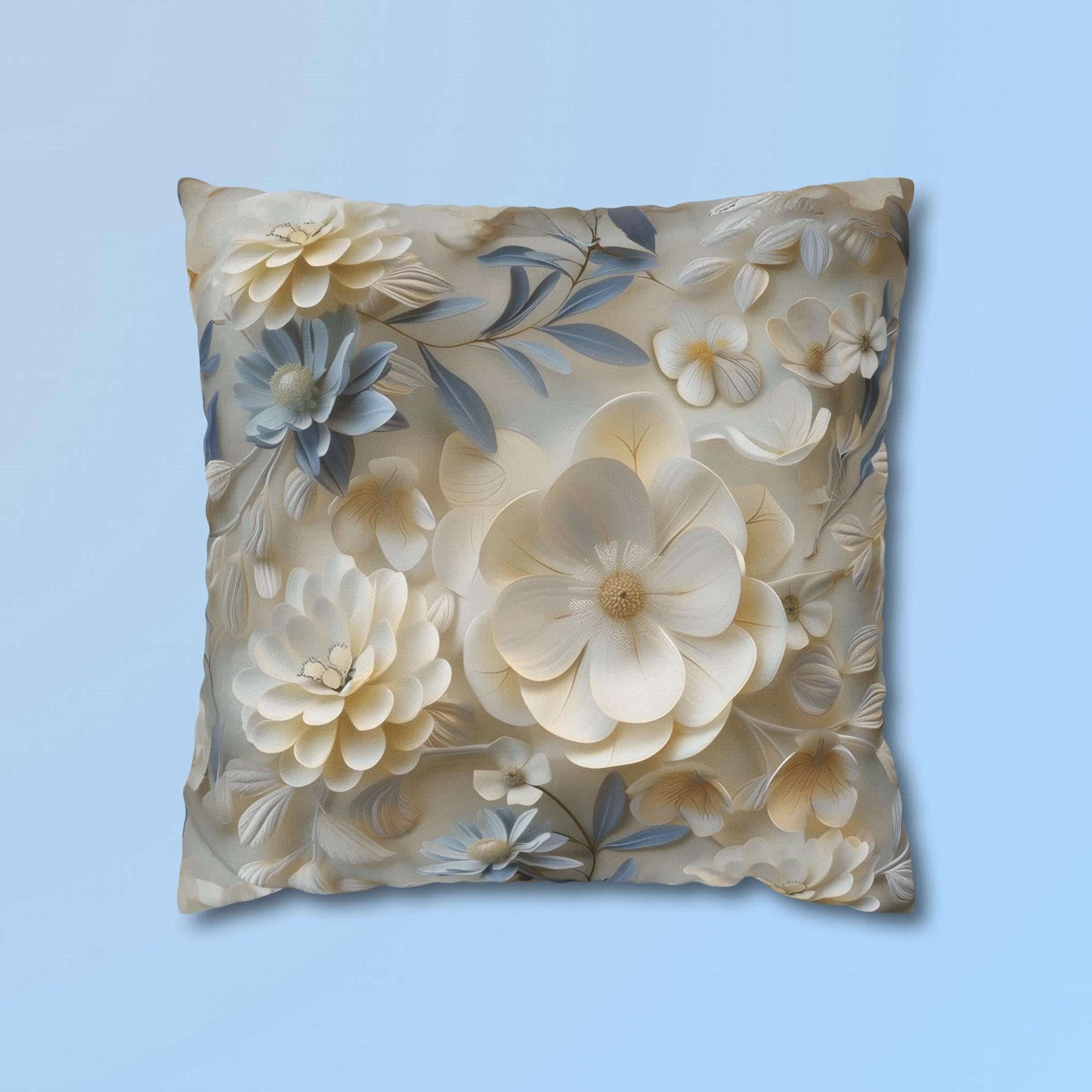 Floral Pillow Cover: Cream, Ivory & Blue Blossoms, Elegant Home Decor