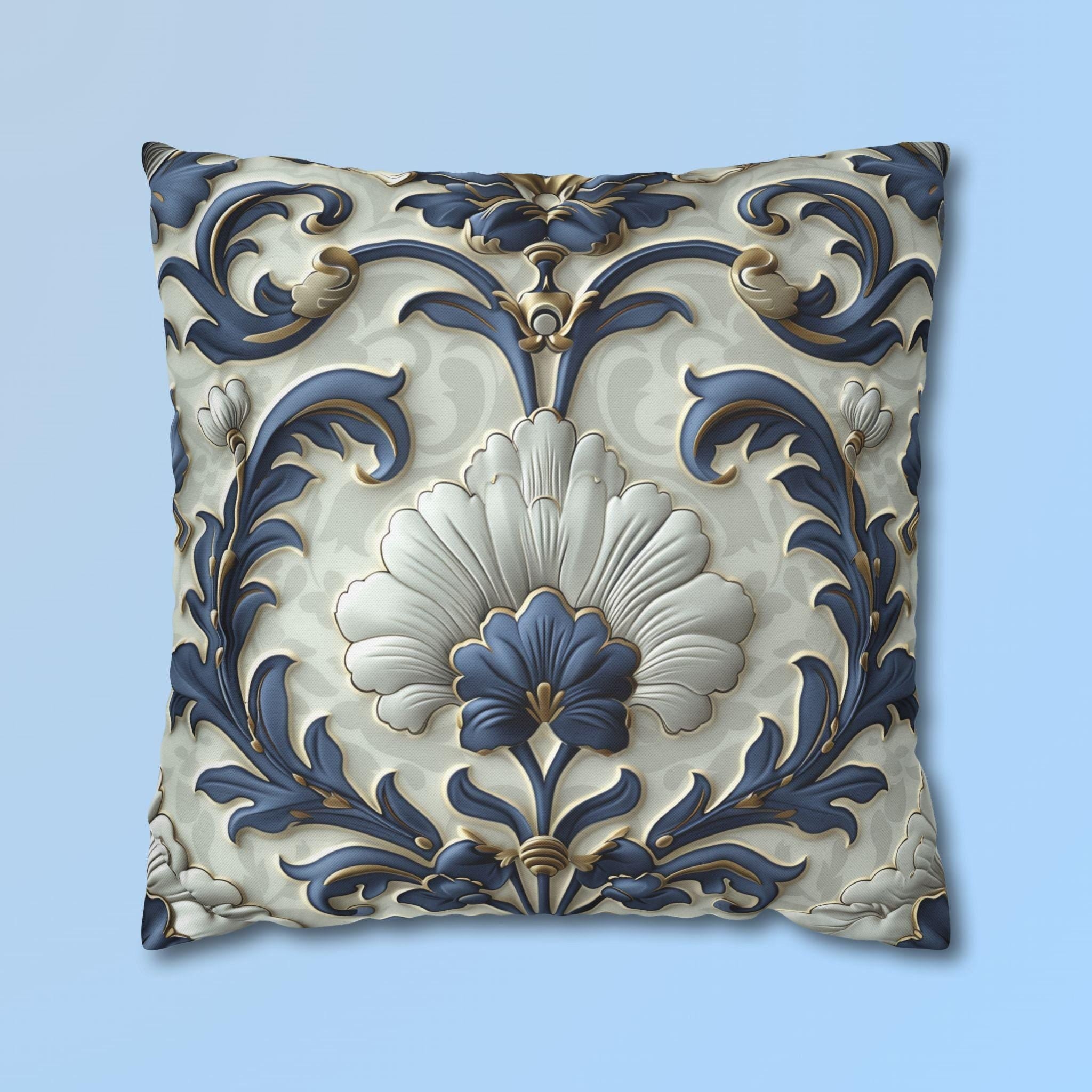 French Country Floral Pillow Cover, Blue White Gold Vintage Design