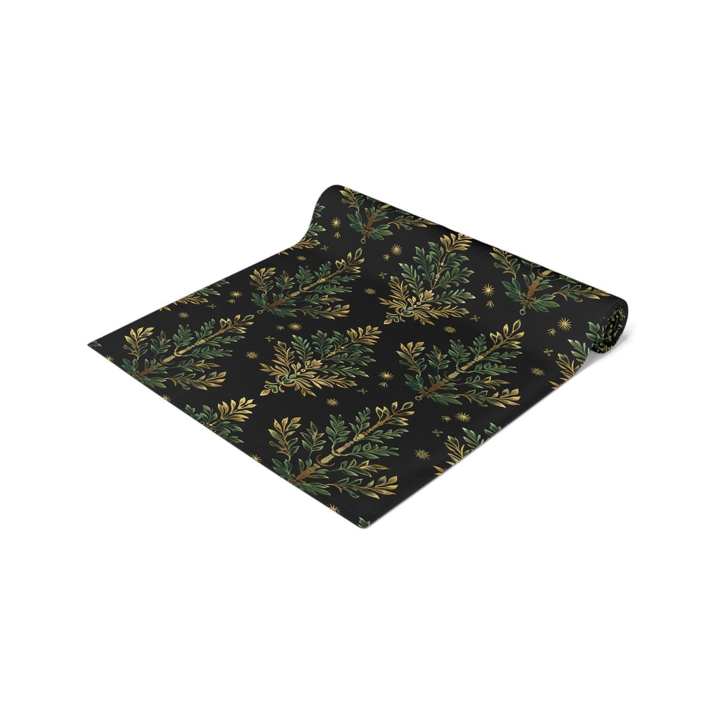 William Morris Christmas Tree Luxury Table Runner, Green & Gold on Black Elegant Christmas Holiday and Winter Decor