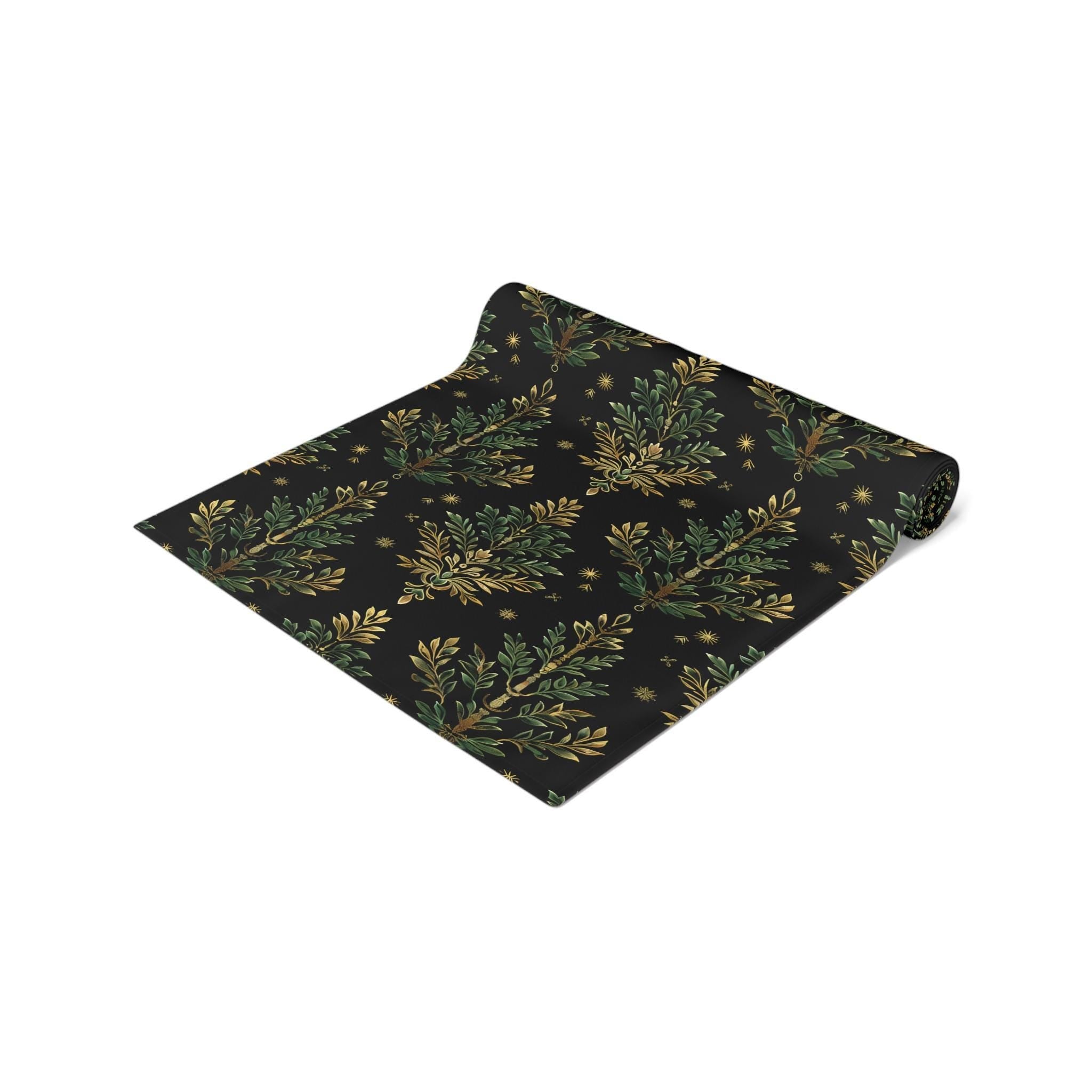 William Morris Christmas Tree Luxury Table Runner, Green & Gold on Black Elegant Christmas Holiday and Winter Decor