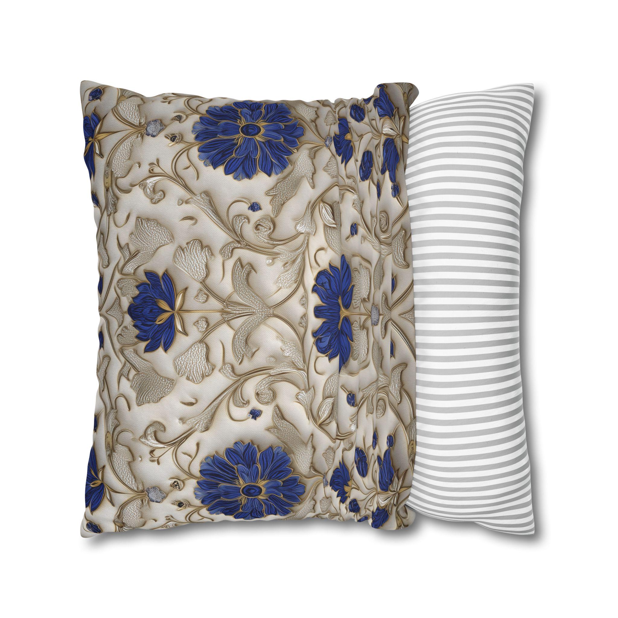 Elegant Cobalt and Gold Baroque Pillow Cover: Blue and Cream Decorative Accent Cushion