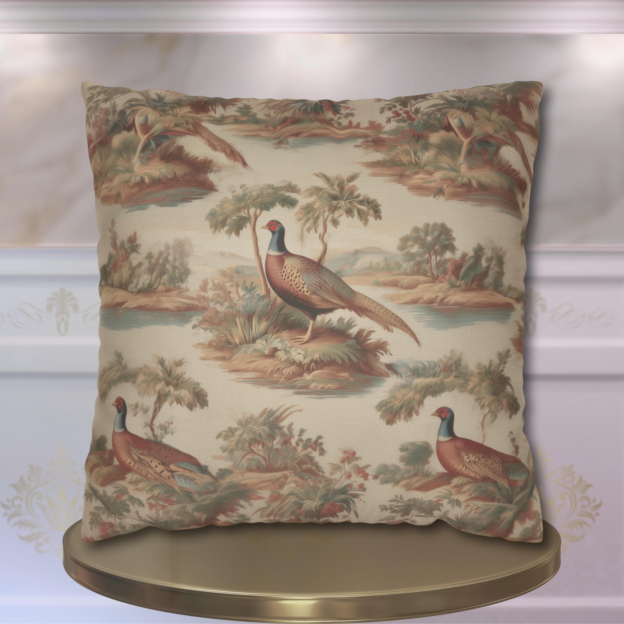French Toile Pheasant Pillow Cover: Vintage Style Country Bird Scene