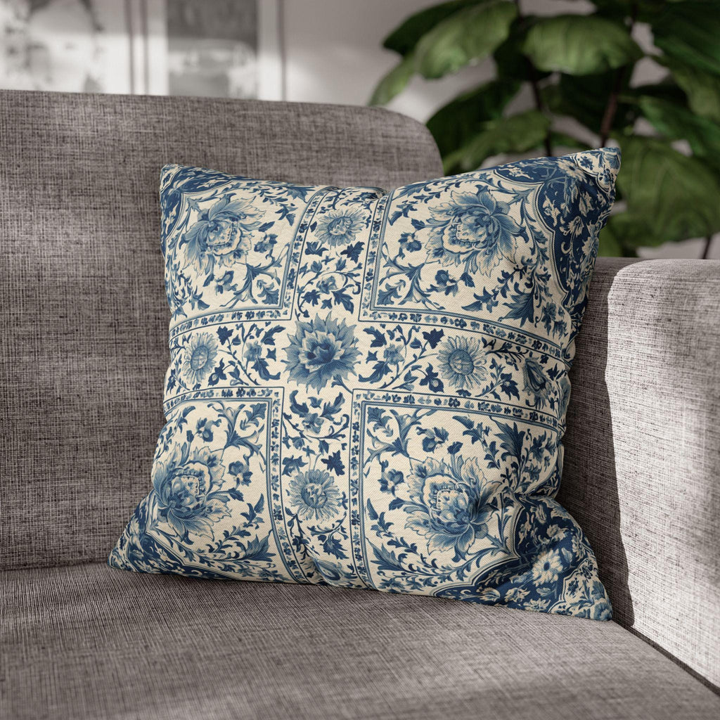 Toile Pillow Cover: Blue and Cream Botanical Farmhouse Decor