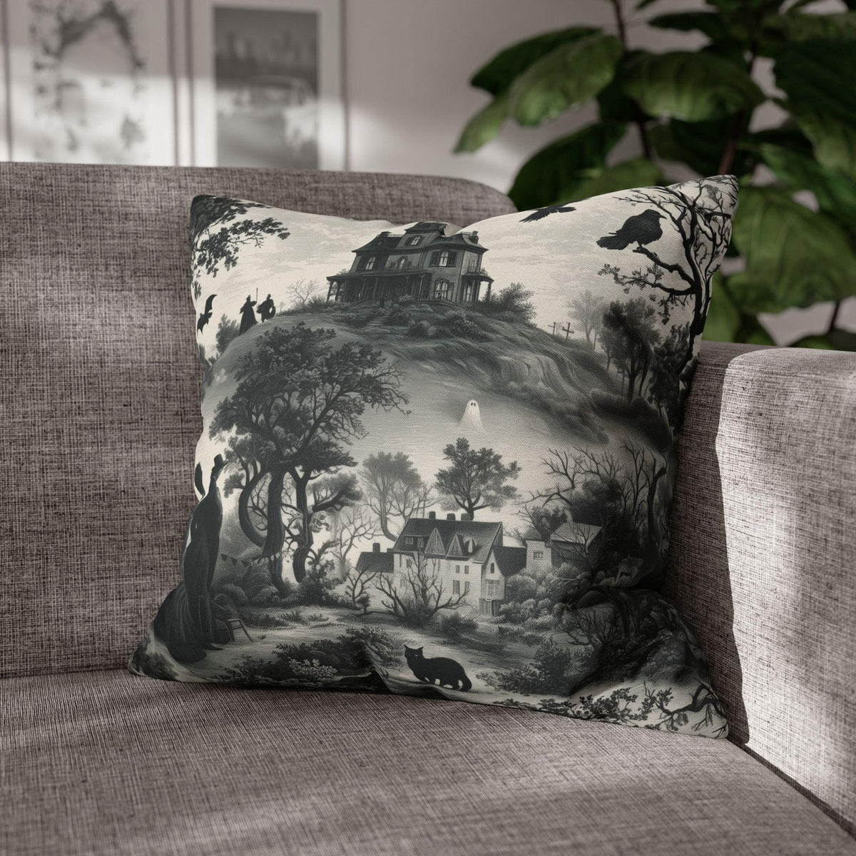 Halloween Toile Pillow Cover: Haunted House, Crows and Black Cat in Monochrome