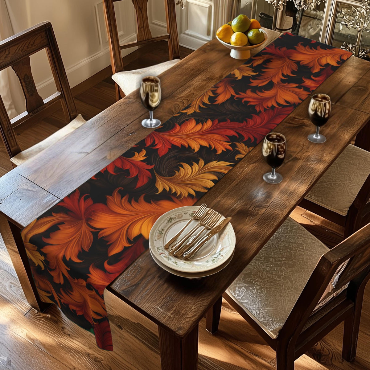 Art Nouveau Fall Table Runner: Ember Orange Acanthus Leaves, Modern Autumn Decor