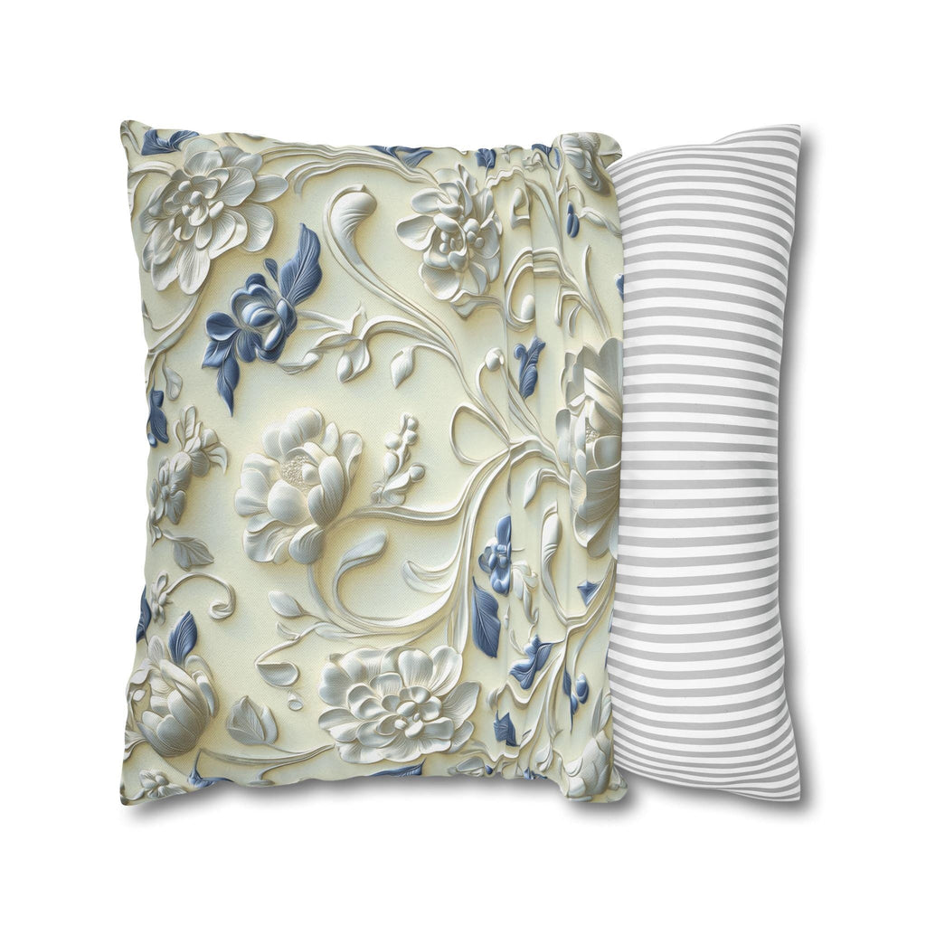 Elegant Chinoiserie Floral Pillowcase: Ivory & Blue Porcelain-Inspired Square Cover for Home Decor