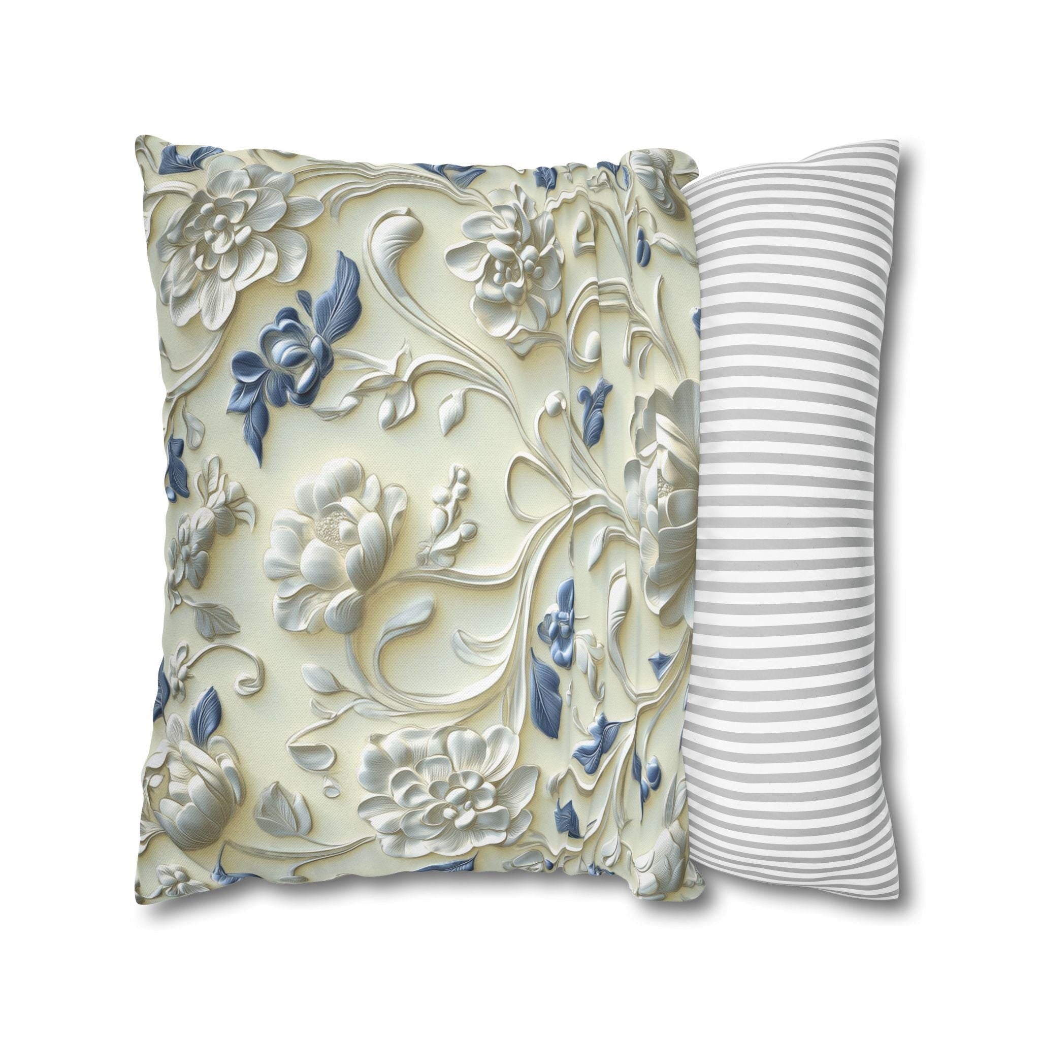 Elegant Chinoiserie Floral Pillowcase: Ivory & Blue Porcelain-Inspired Square Cover for Home Decor