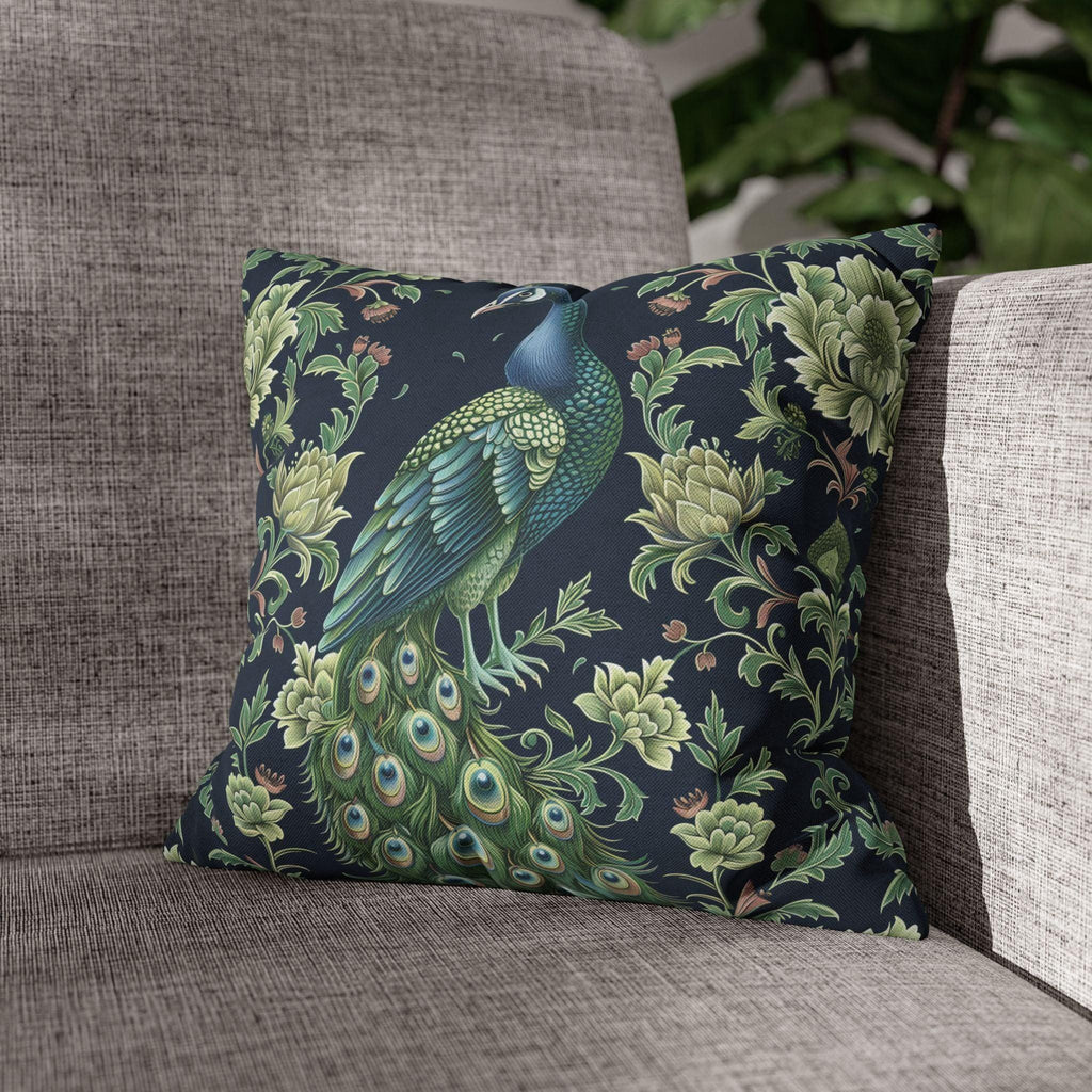 Peacock and Floral Pillow Cover | Elegant Navy Blue Background | Nature-Inspired Home Decor