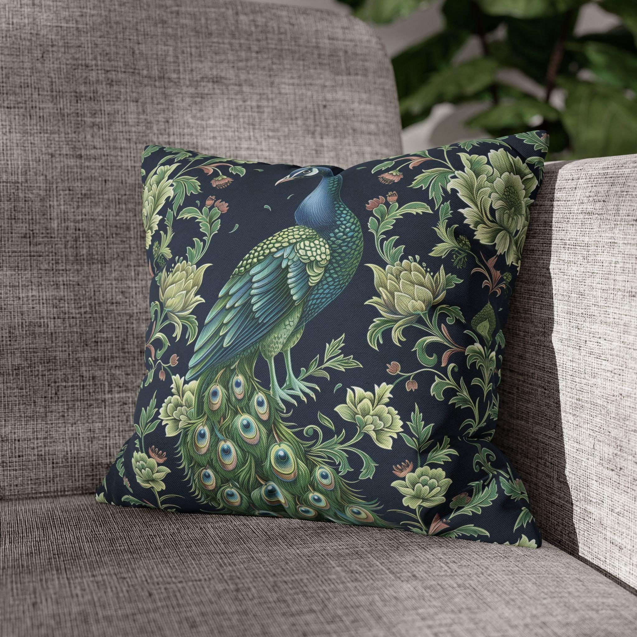 Peacock and Floral Pillow Cover | Elegant Navy Blue Background | Nature-Inspired Home Decor