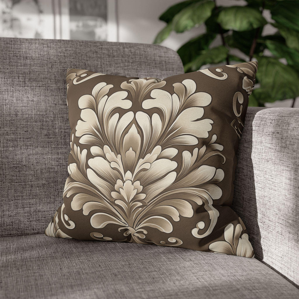 Damask Pillow Cover: Cream Beige Floral on Mocha Brown