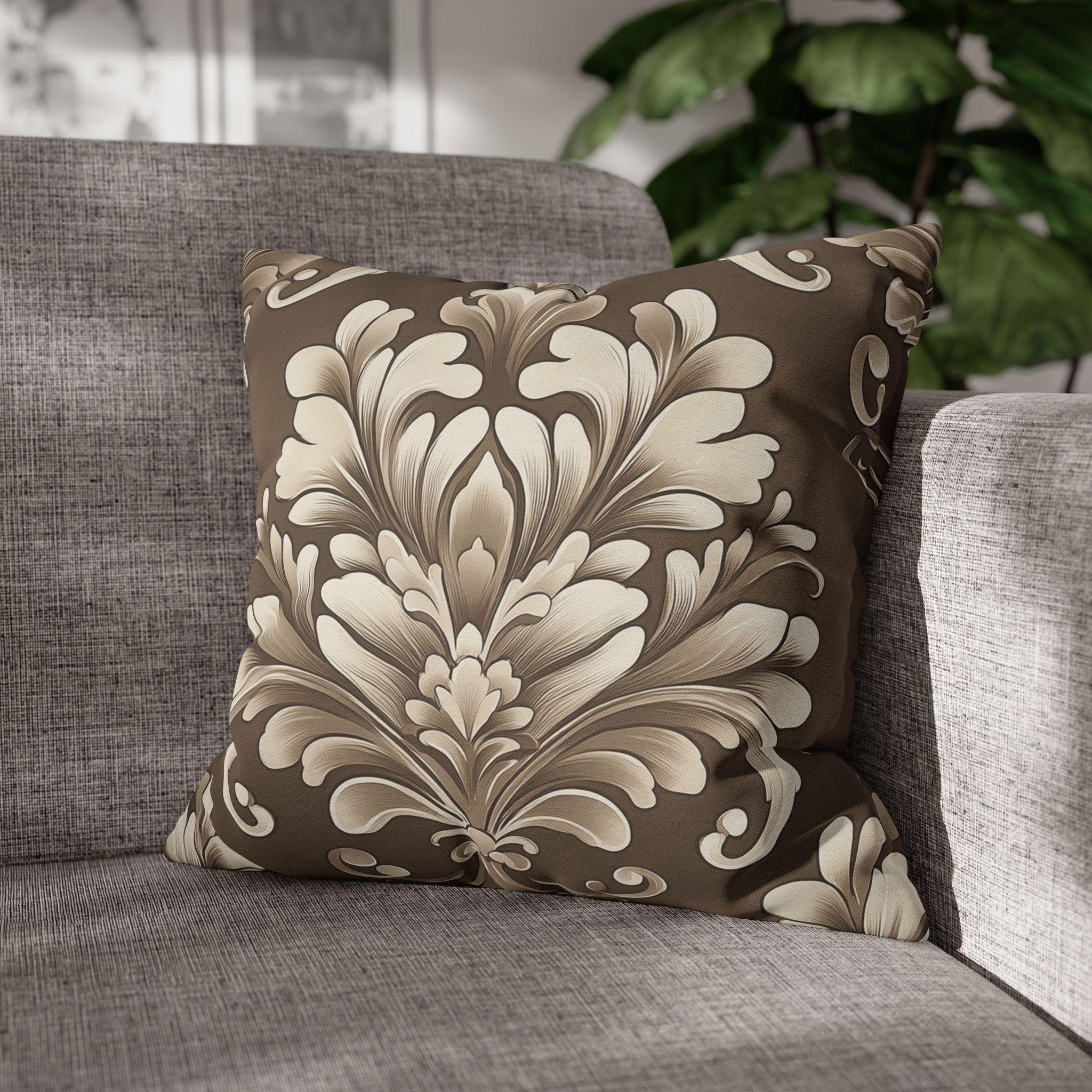 Damask Pillow Cover: Cream Beige Floral on Mocha Brown