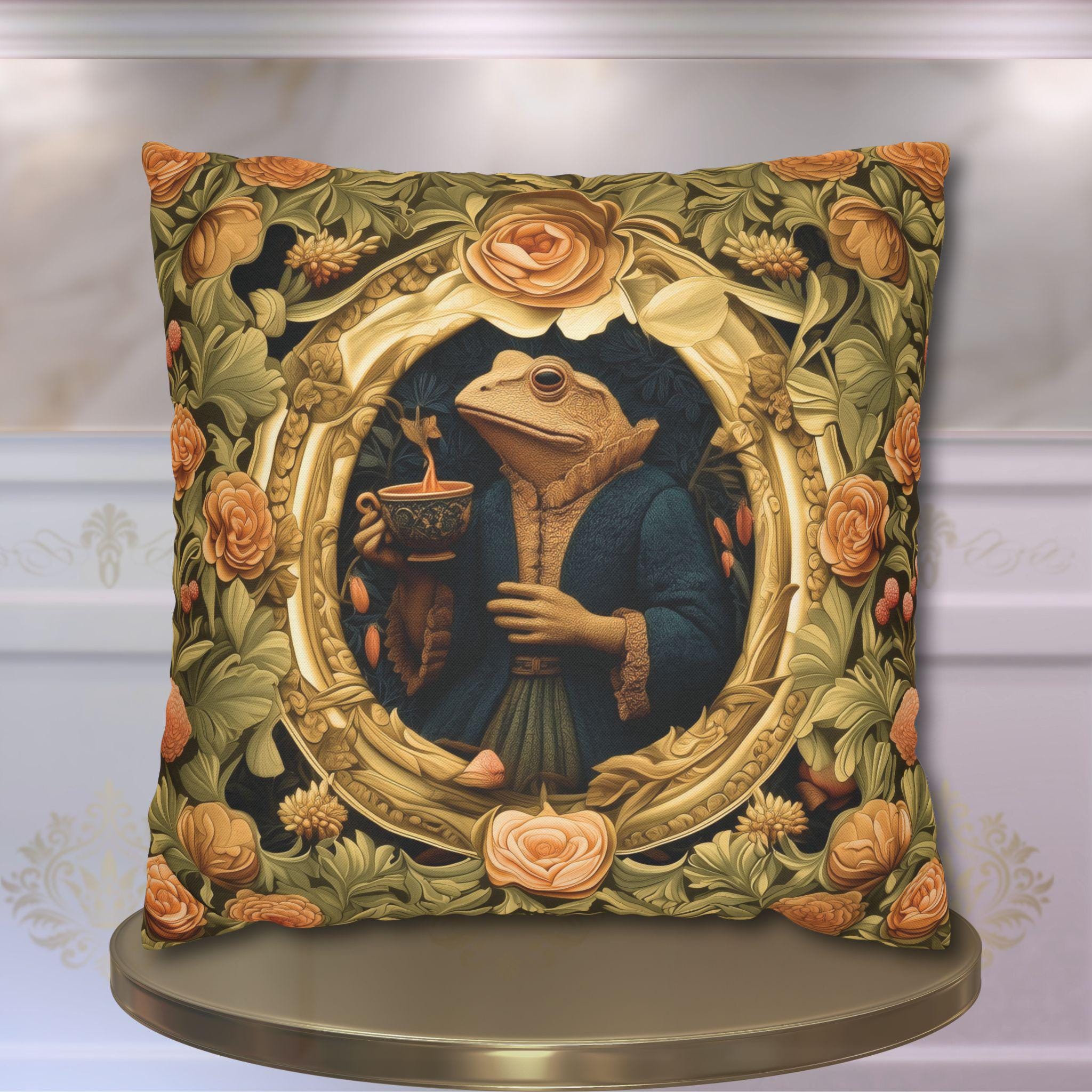 Ms. Martha Spills the Tea: William Morris Inspired Whimsical Frog Pillow Cover
