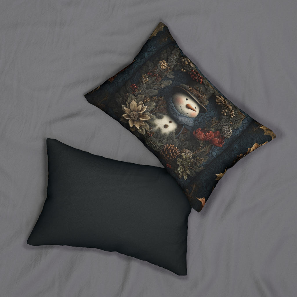 Winter Woodland Snowman Lumbar Pillow: William Morris Style with Pine, Florals & Vintage Charm
