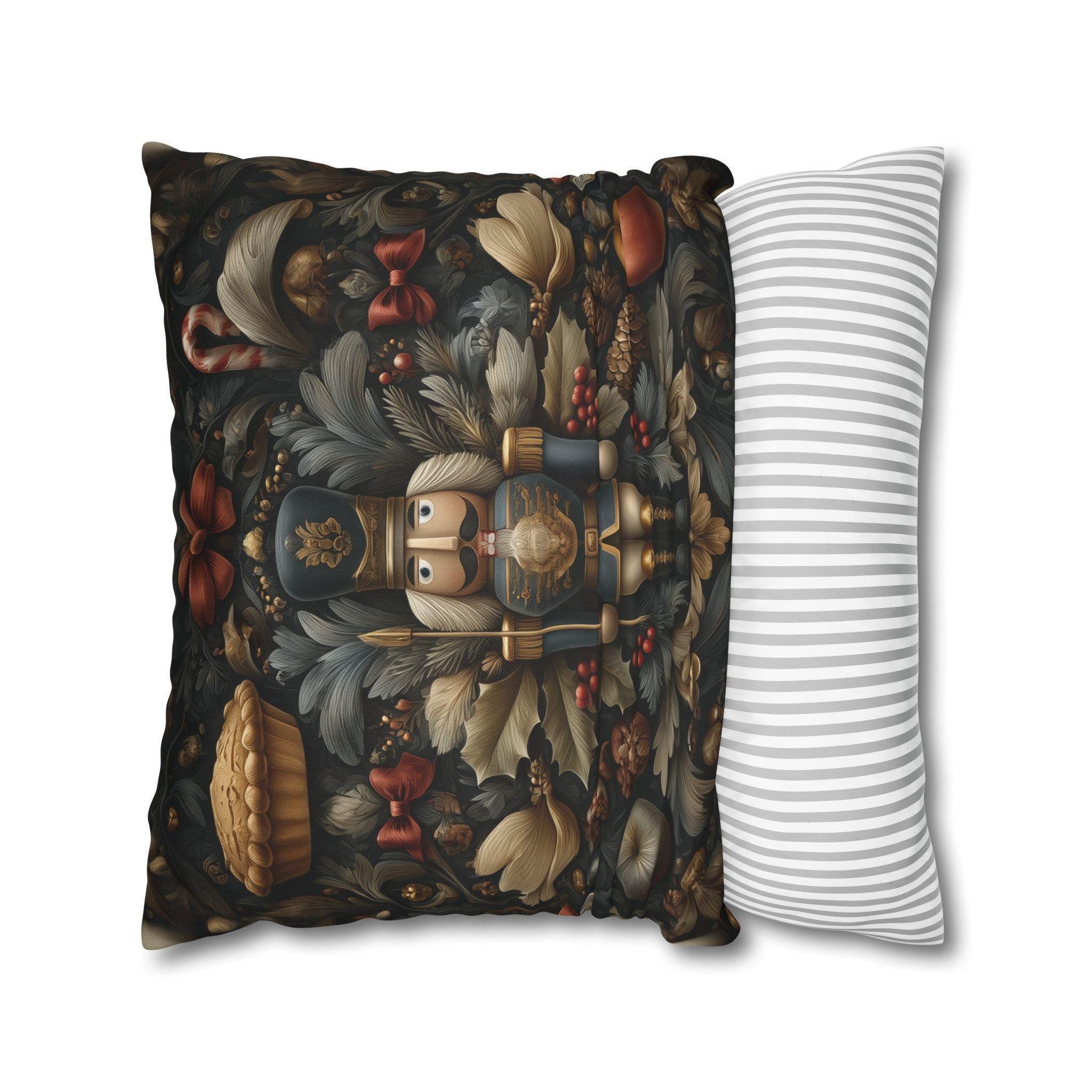 William Morris Inspired Nutcracker Christmas Pillow: Elegant Holiday Decor in Gray-Green, Gold & Red