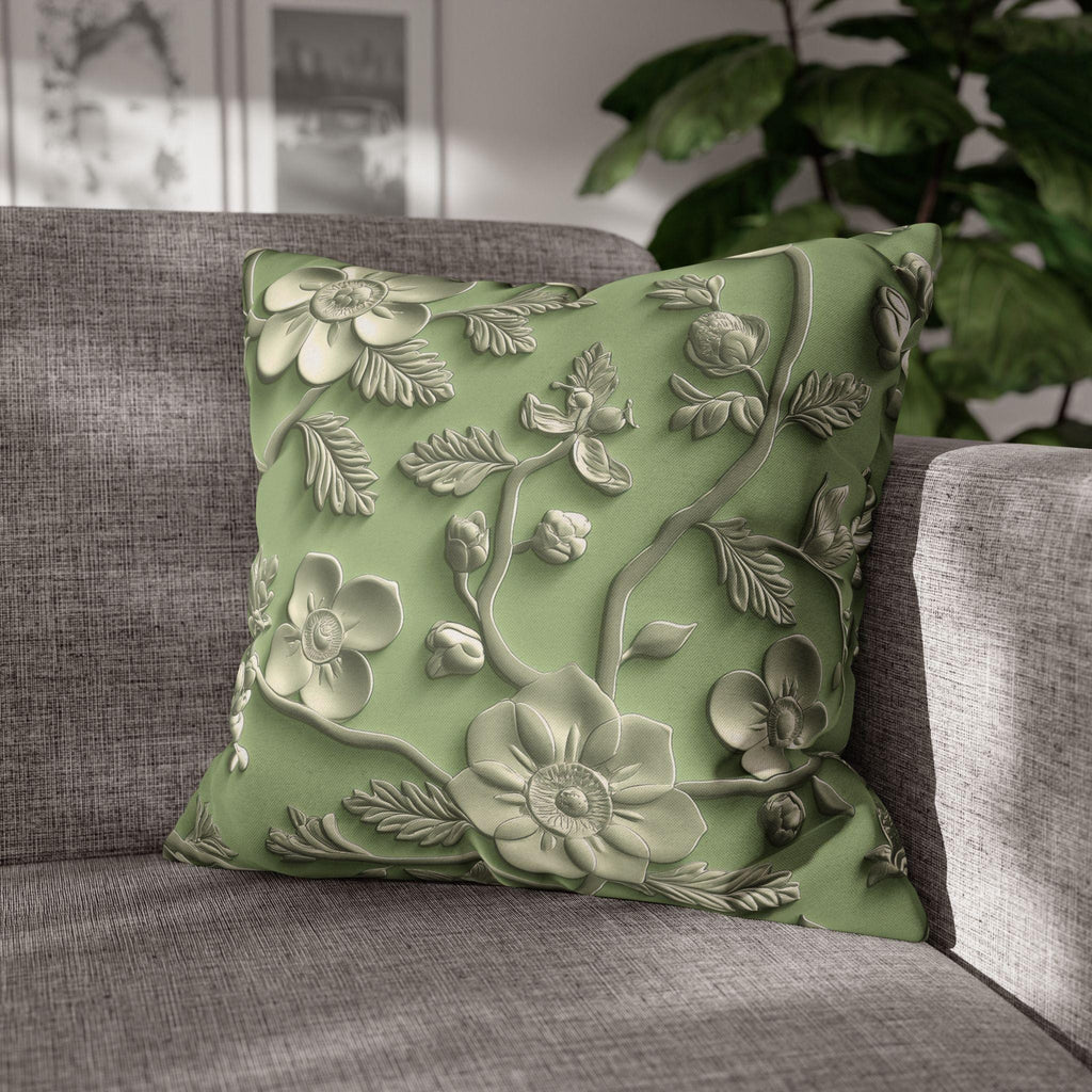 Elegant Chinoiserie Floral Pillow Cover: Green & Tan Pottery-Inspired Design for Timeless Asian Decor