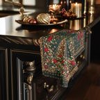 William Morris Christmas Hand Towel: Vintage Style Emerald Green Poinsettia, Golden Snowflake