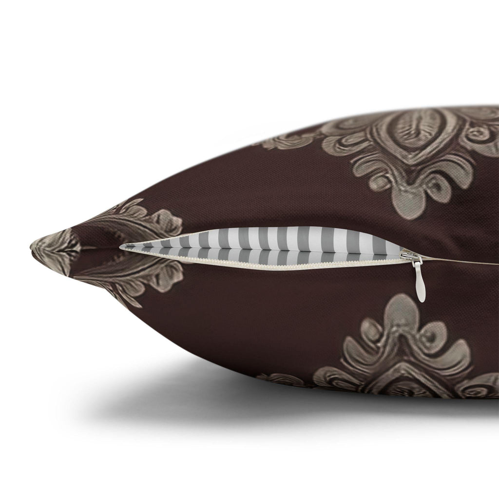 Elegant Damask Square Pillowcase: Taupe & Gray Motifs on Chocolate Brown, Sophisticated Home Decor