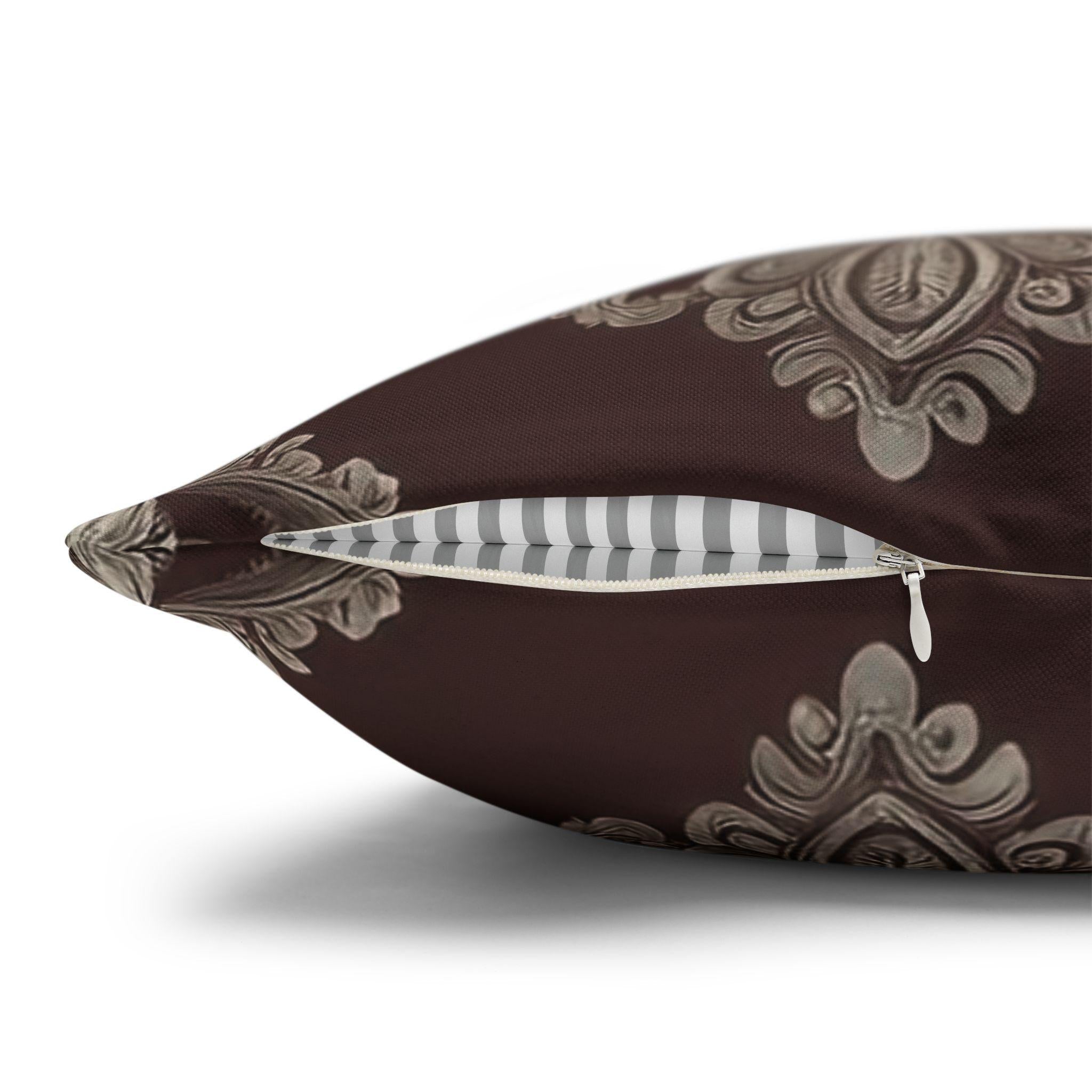 Elegant Damask Square Pillowcase: Taupe & Gray Motifs on Chocolate Brown, Sophisticated Home Decor