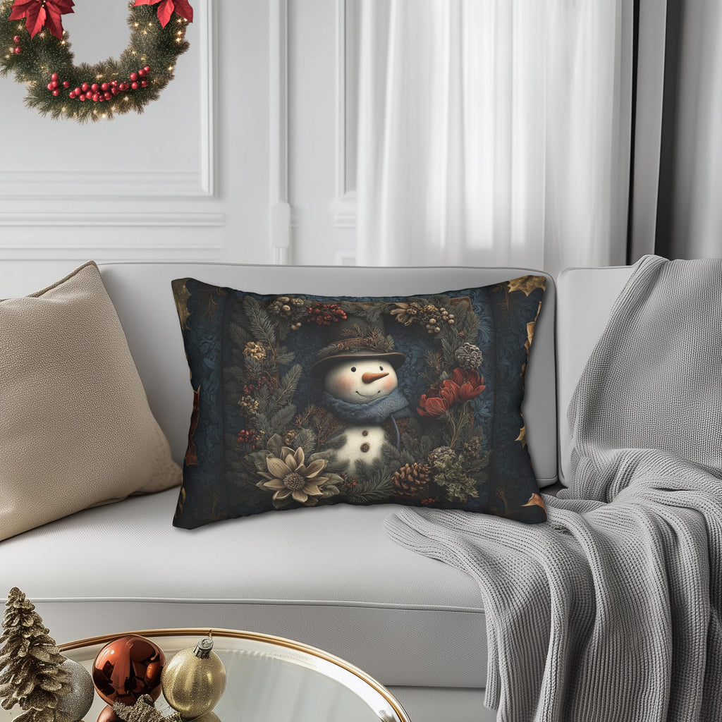 Winter Woodland Snowman Lumbar Pillow: William Morris Style with Pine, Florals & Vintage Charm