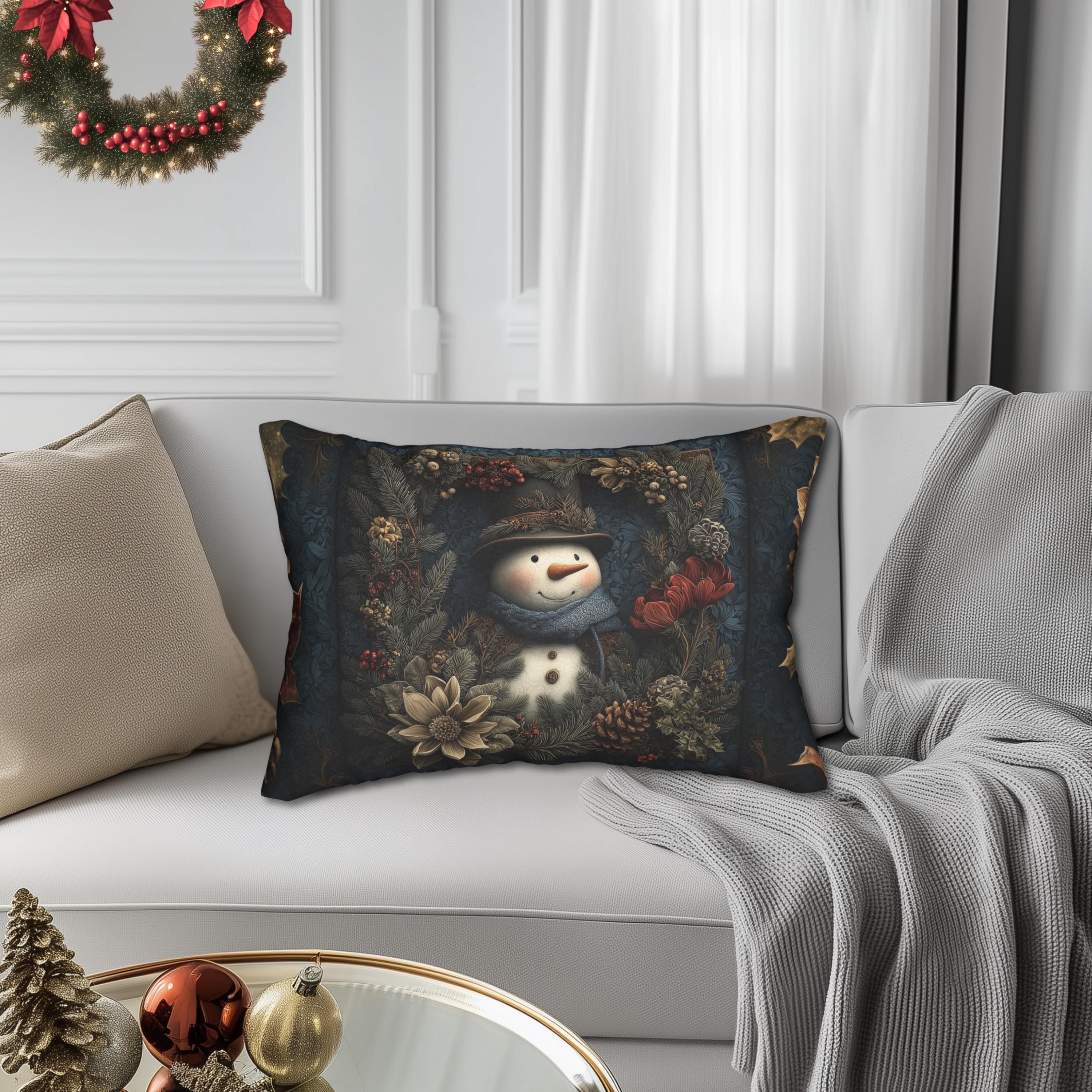 Winter Woodland Snowman Lumbar Pillow: William Morris Style with Pine, Florals & Vintage Charm