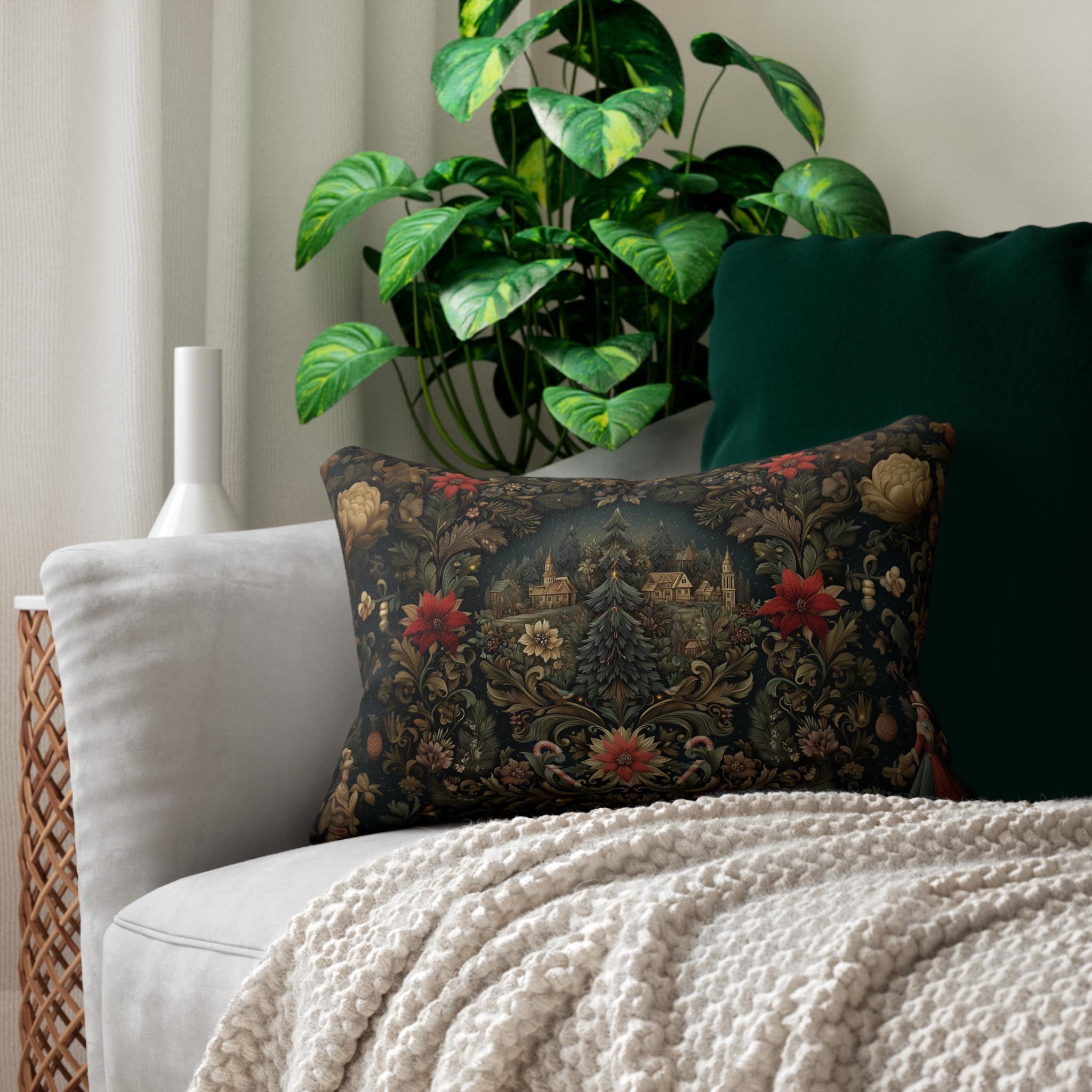 Storybook Village Christmas Lumbar Pillow: William Morris Style, Pine Green and Crimson Florals