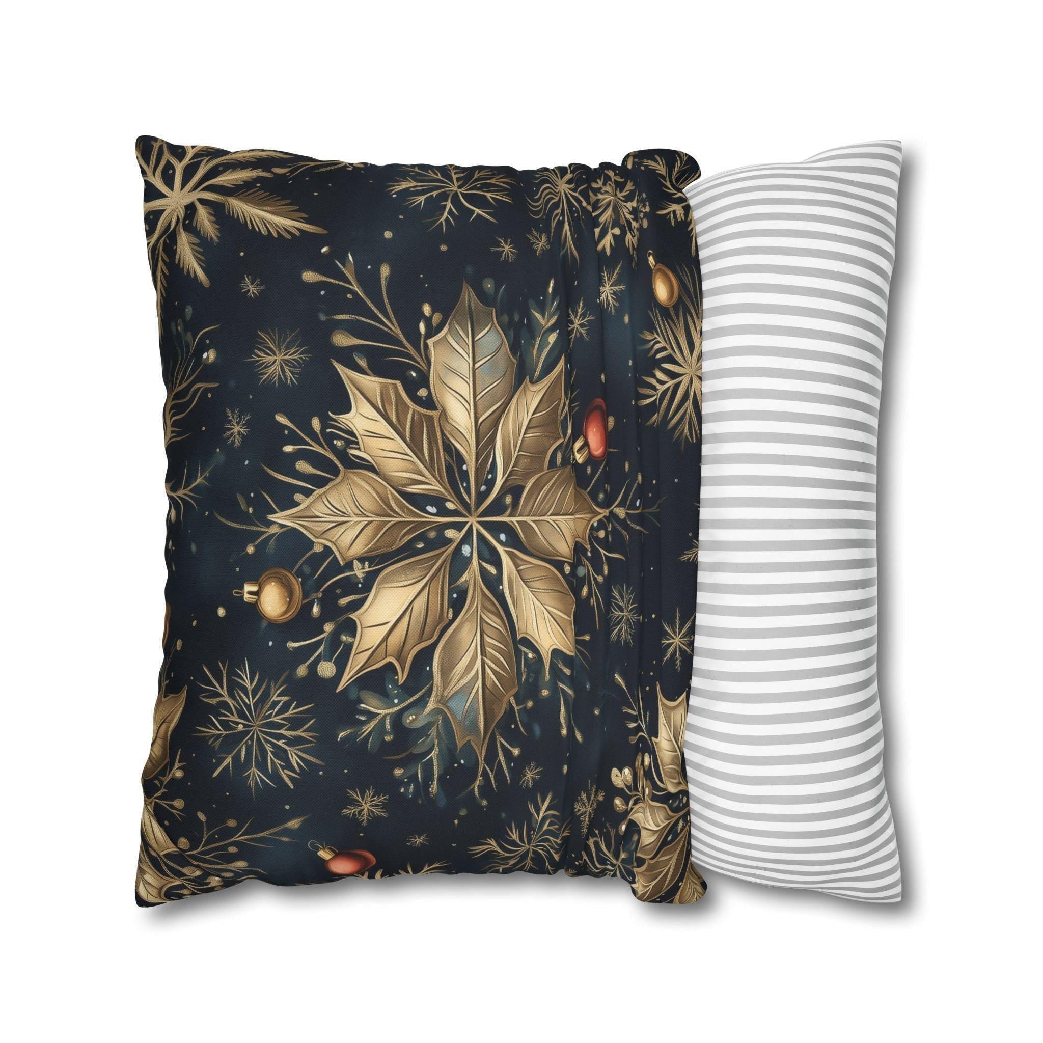 Elegant Poinsettia and Snowflake Pillow Cover | Holiday Decor | Gold Accents on a  Navy Blue Background