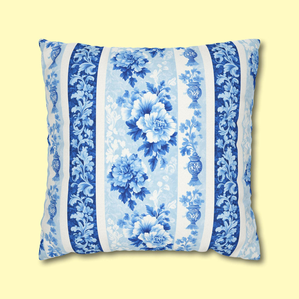 Elegant Chinoiserie Floral Pillowcase: Blue & White Striped French Country Home Decor Accent