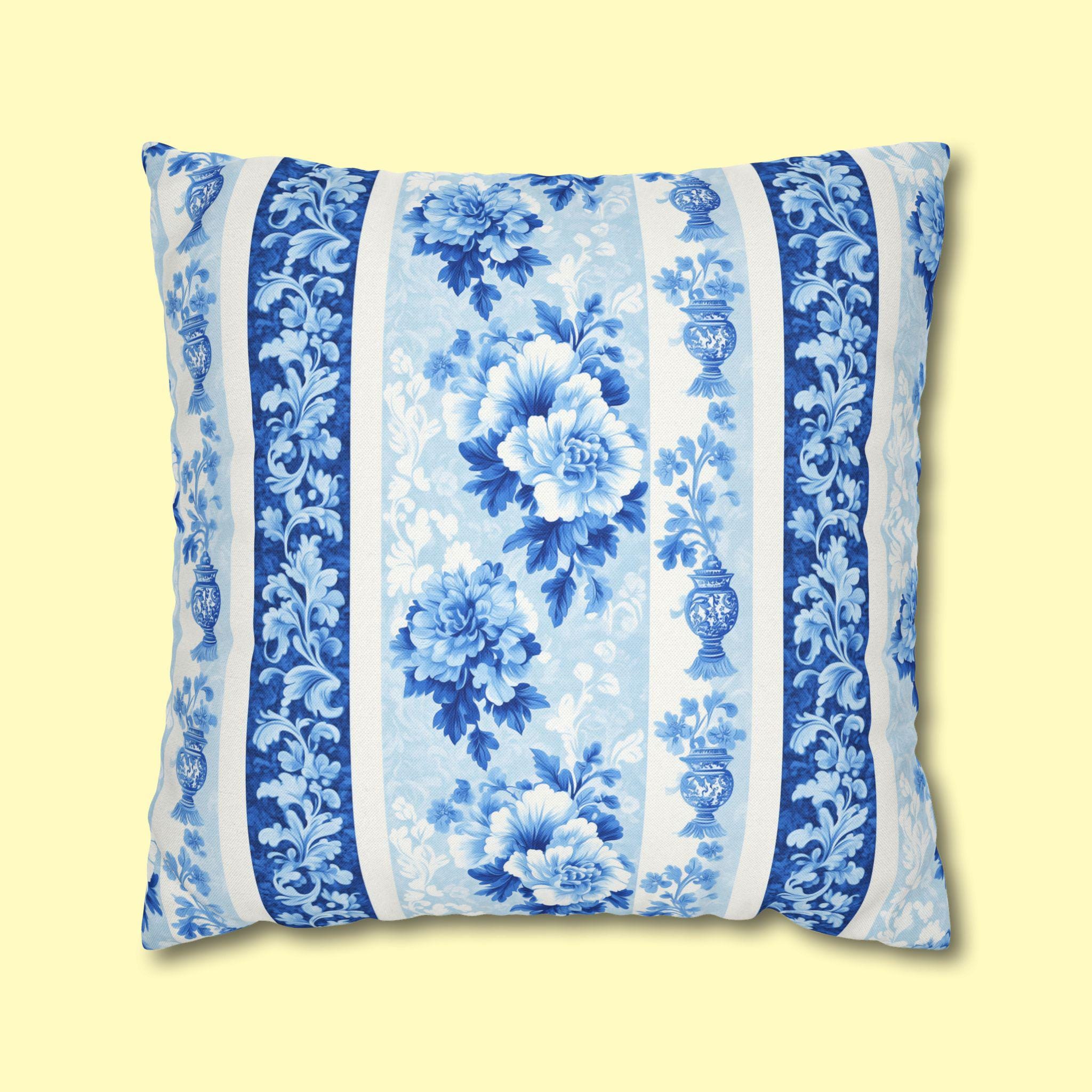 Elegant Chinoiserie Floral Pillowcase: Blue & White Striped French Country Home Decor Accent