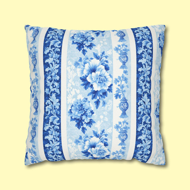Elegant Chinoiserie Floral Pillowcase: Blue & White Striped French Country Home Decor Accent