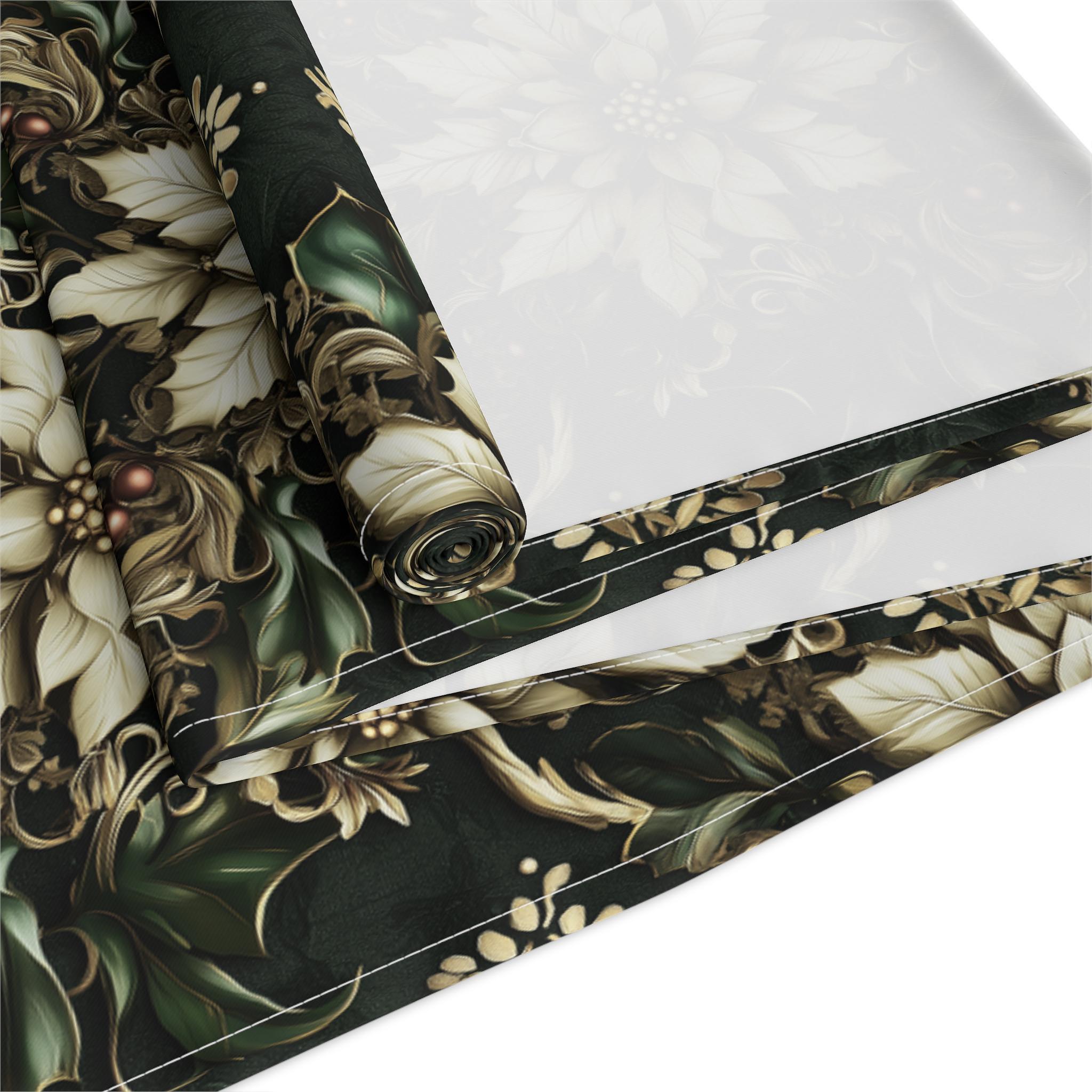 Holiday Poinsettia Table Runner,  Christmas Dining Decor in Red, Green, Gold & Creamy Beige