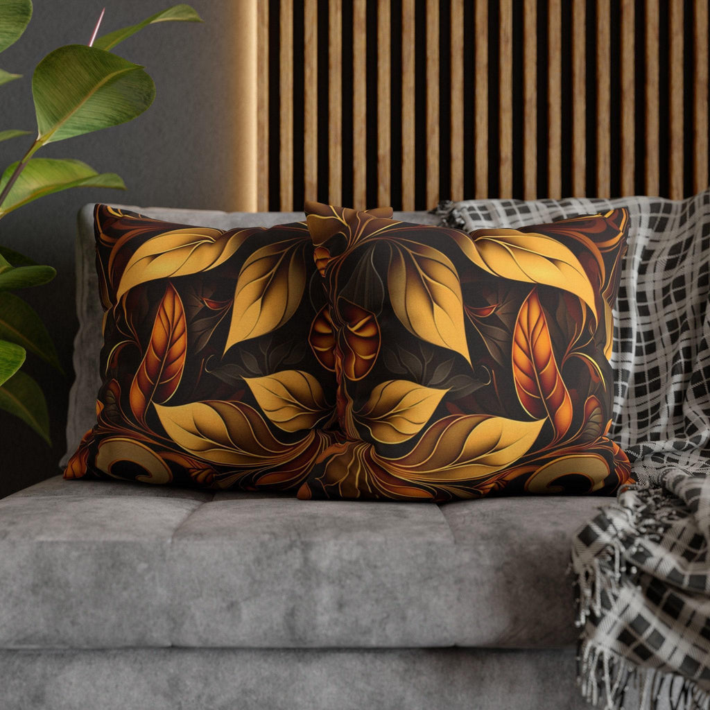 Autumnal Leaves Throw Pillow Cover: Orange and Gold Foliage on Rich Brown Background