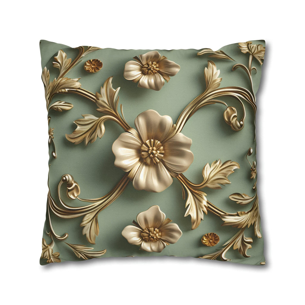 Vintage Style Floral Pillow Cover: Taupe Gold 3D Design on Sage Green