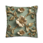 Vintage Style Floral Pillow Cover: Taupe Gold 3D Design on Sage Green