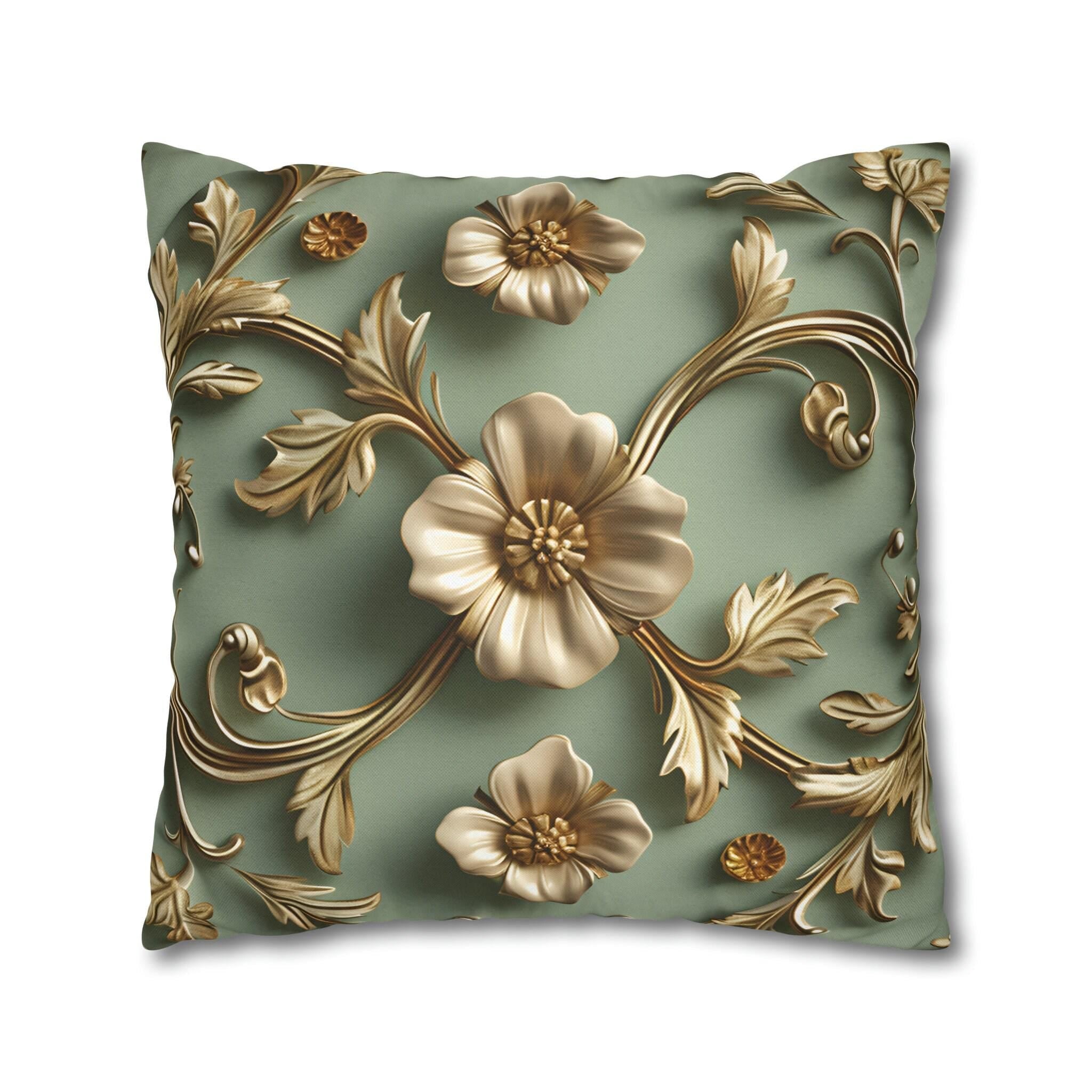 Vintage Style Floral Pillow Cover: Taupe Gold 3D Design on Sage Green