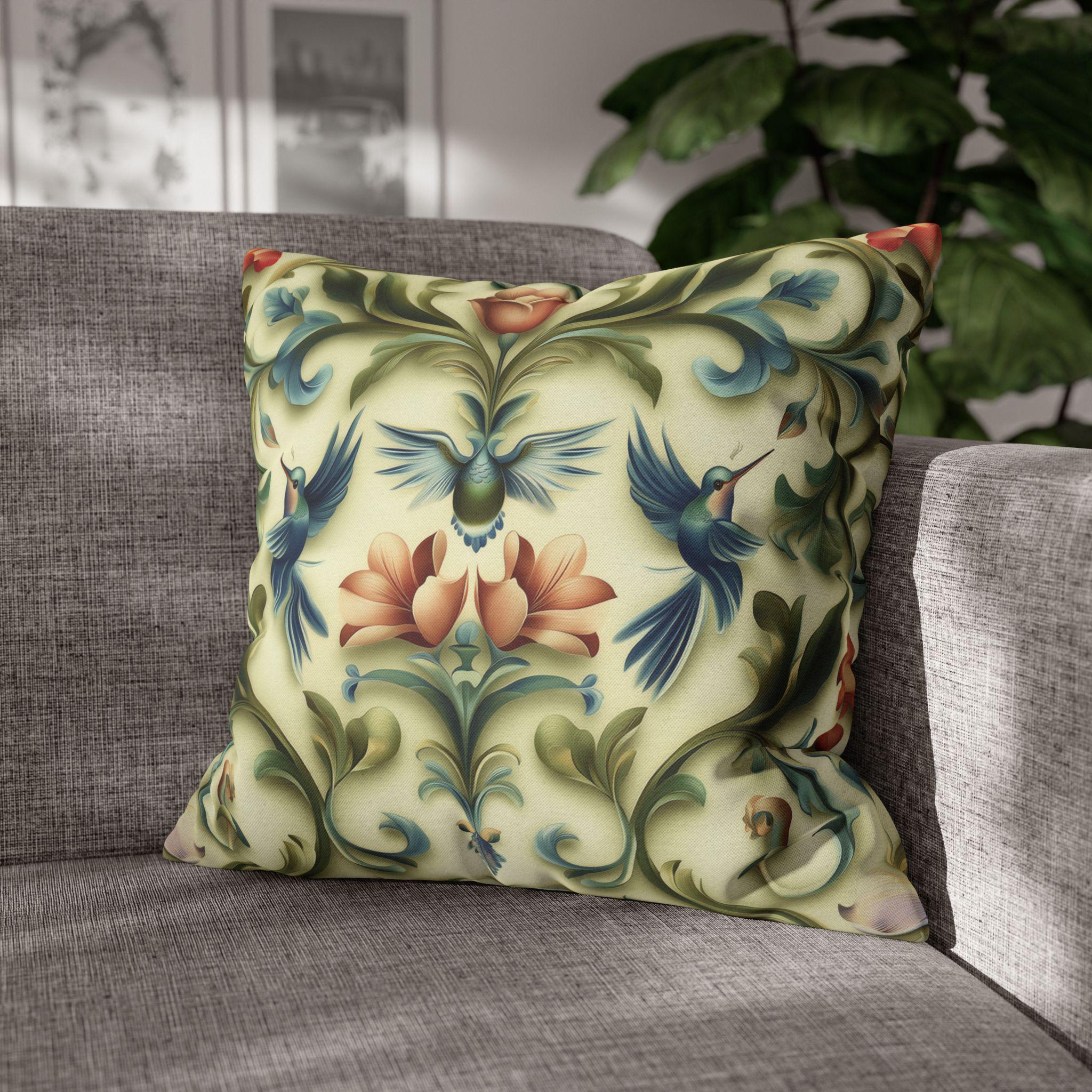 William Morris Inspired Hummingbird Floral Pillow Cover: Vintage Nature Tapestry Cushion Design