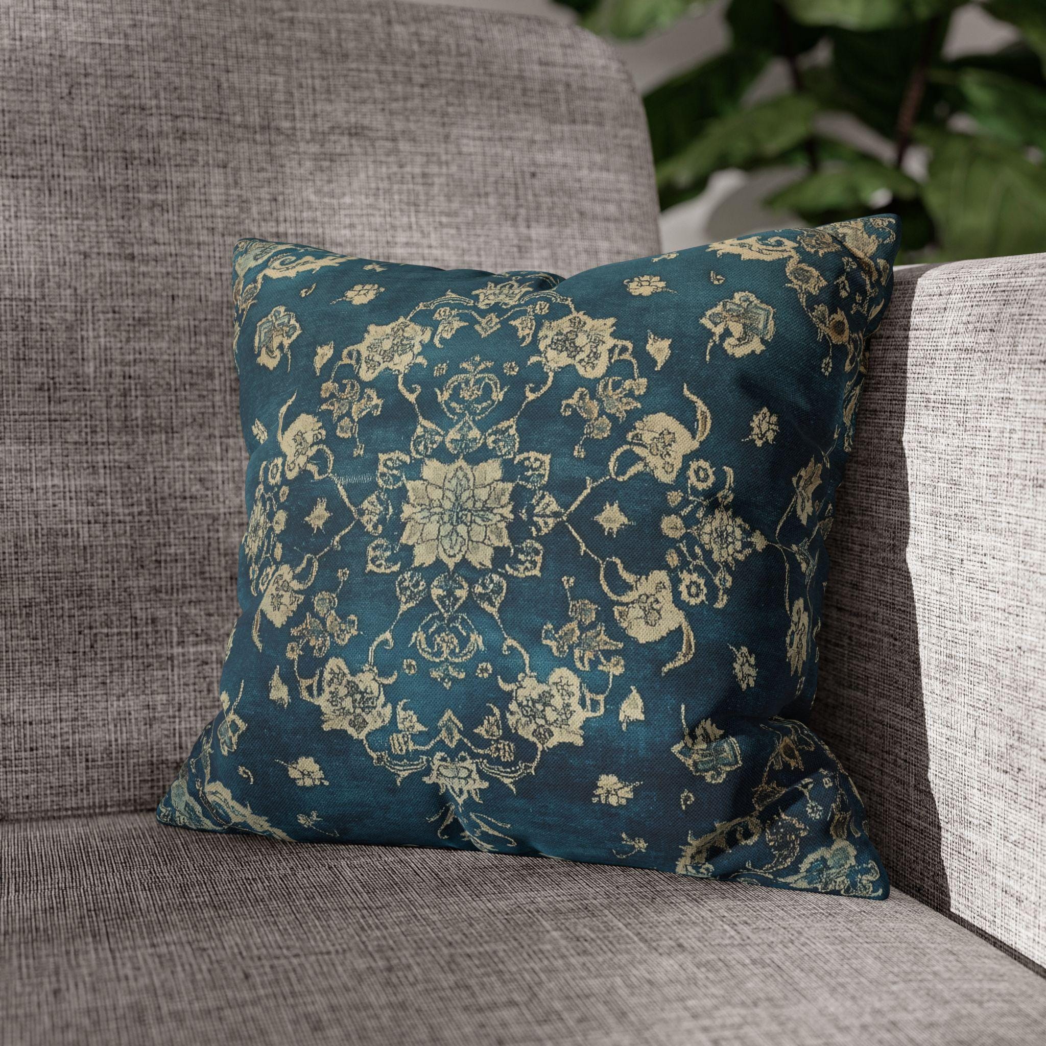 Vintage Teal Medallion Pillow Cover: Persian Rug Print Cushion