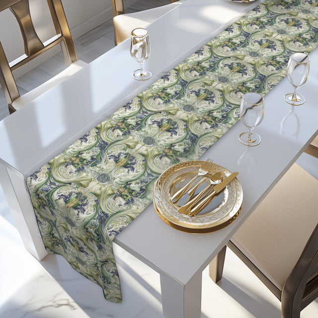 Vintage Style Botanical Table Runner: Sage, Olive, Green, and Indigo Dining Decor