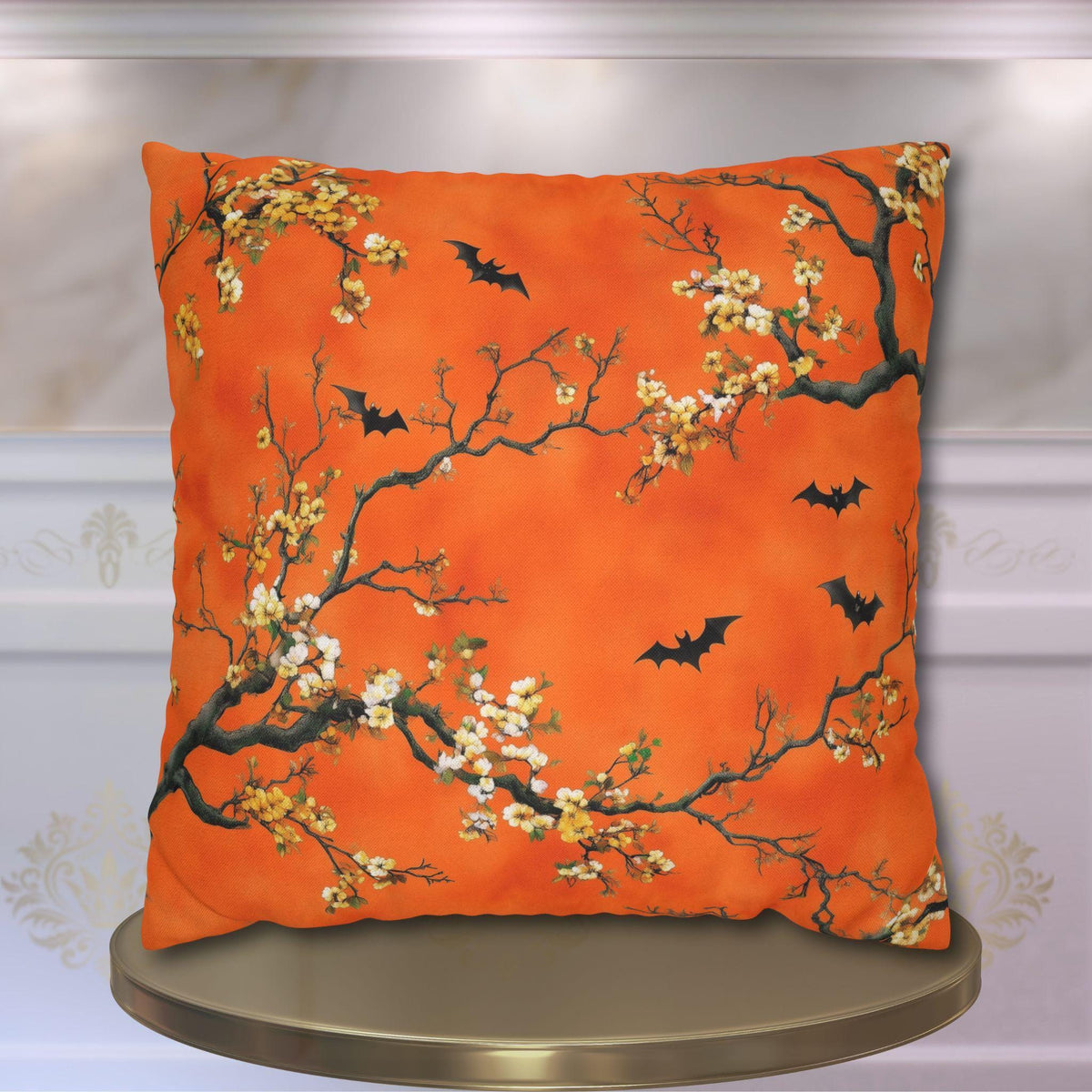 Halloween Chinoiserie Pillow Cover: Bright Orange Five Bats Decor