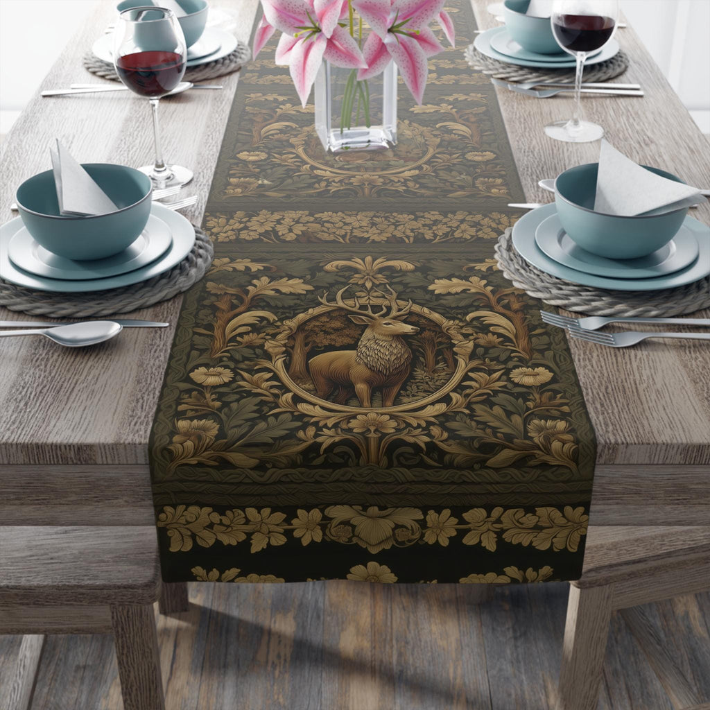 William Morris Inspired Noble Stag Table Runner: with Doe and Fawn Woodland Design