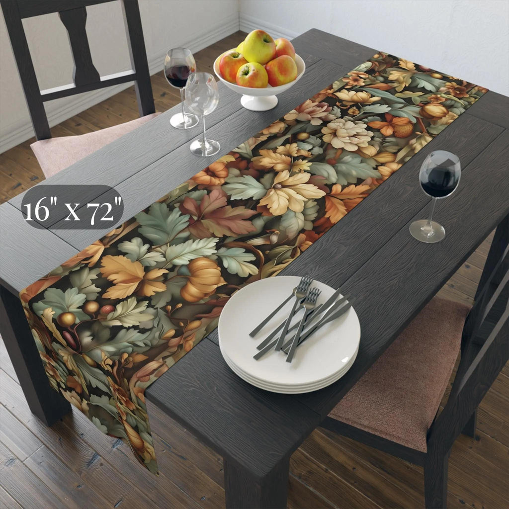 William Morris Inspired Autumn Botanical Table Runner: Charcoal, Sage, and Gold Fall Dining Decor