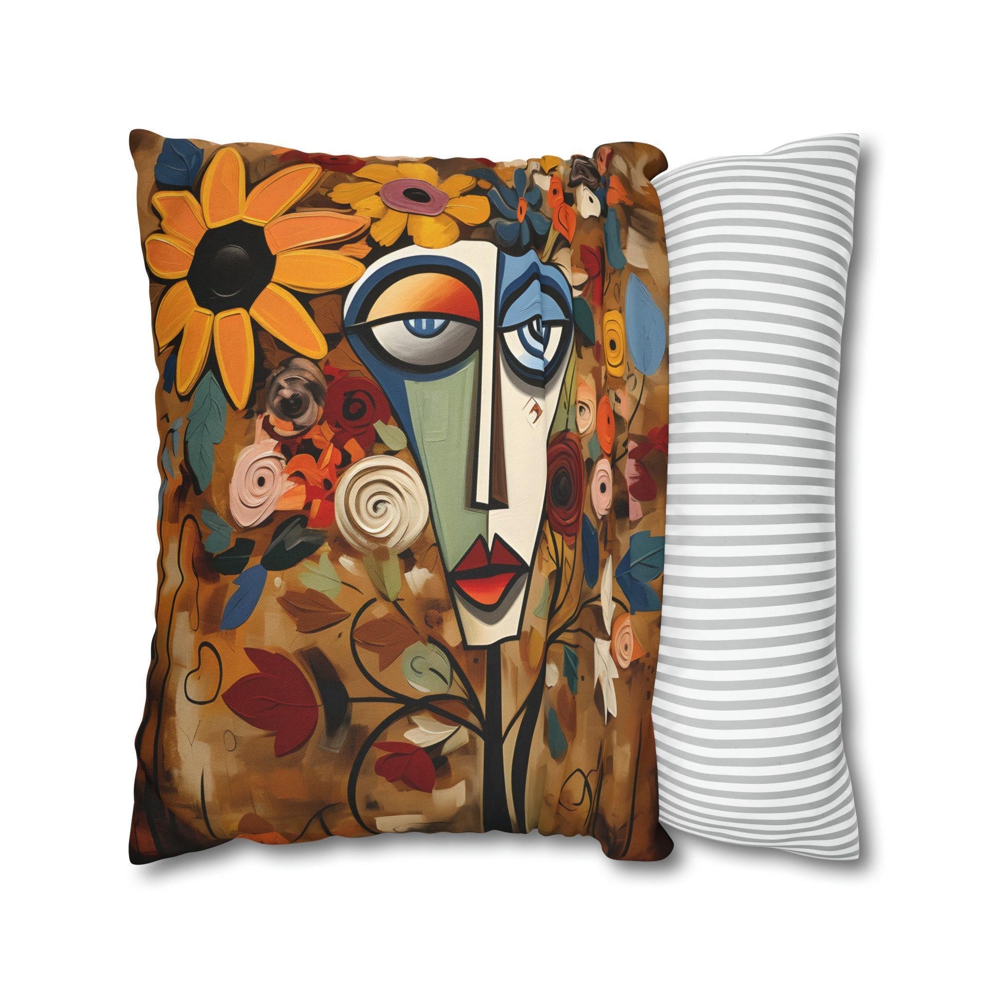 Cubist Wildflower Throw Pillow Cover: Picasso-Inspired Geometric Face Art in Autumn Hues